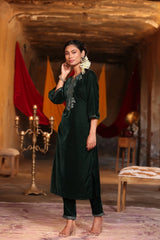 Jade Green Ethnic Motif Printed Velvet Straight Kurta & Pants Set With Zari Work Embroidery.-2711JADEGREEN
