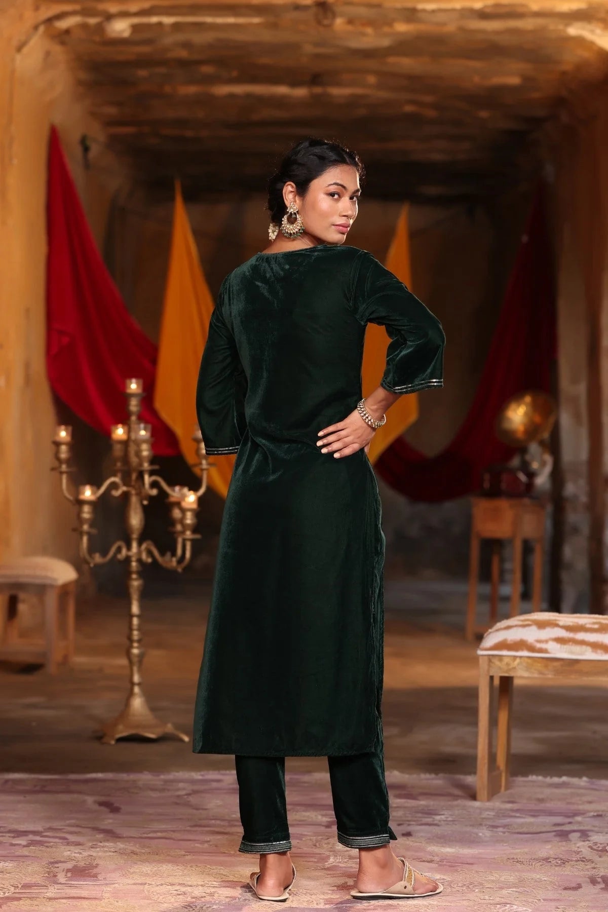 Jade Green Velvet Embroidered Indian Kurta Set for Women
