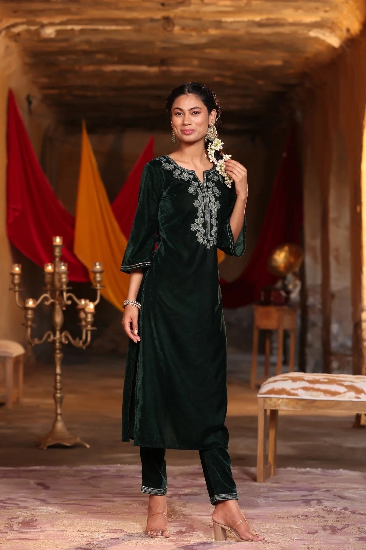 Jade Green Velvet Embroidered Indian Kurta Set for Women