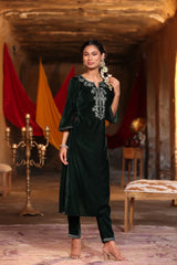 Jade Green Ethnic Motif Printed Velvet Straight Kurta & Pants Set With Zari Work Embroidery.-2711JADEGREEN