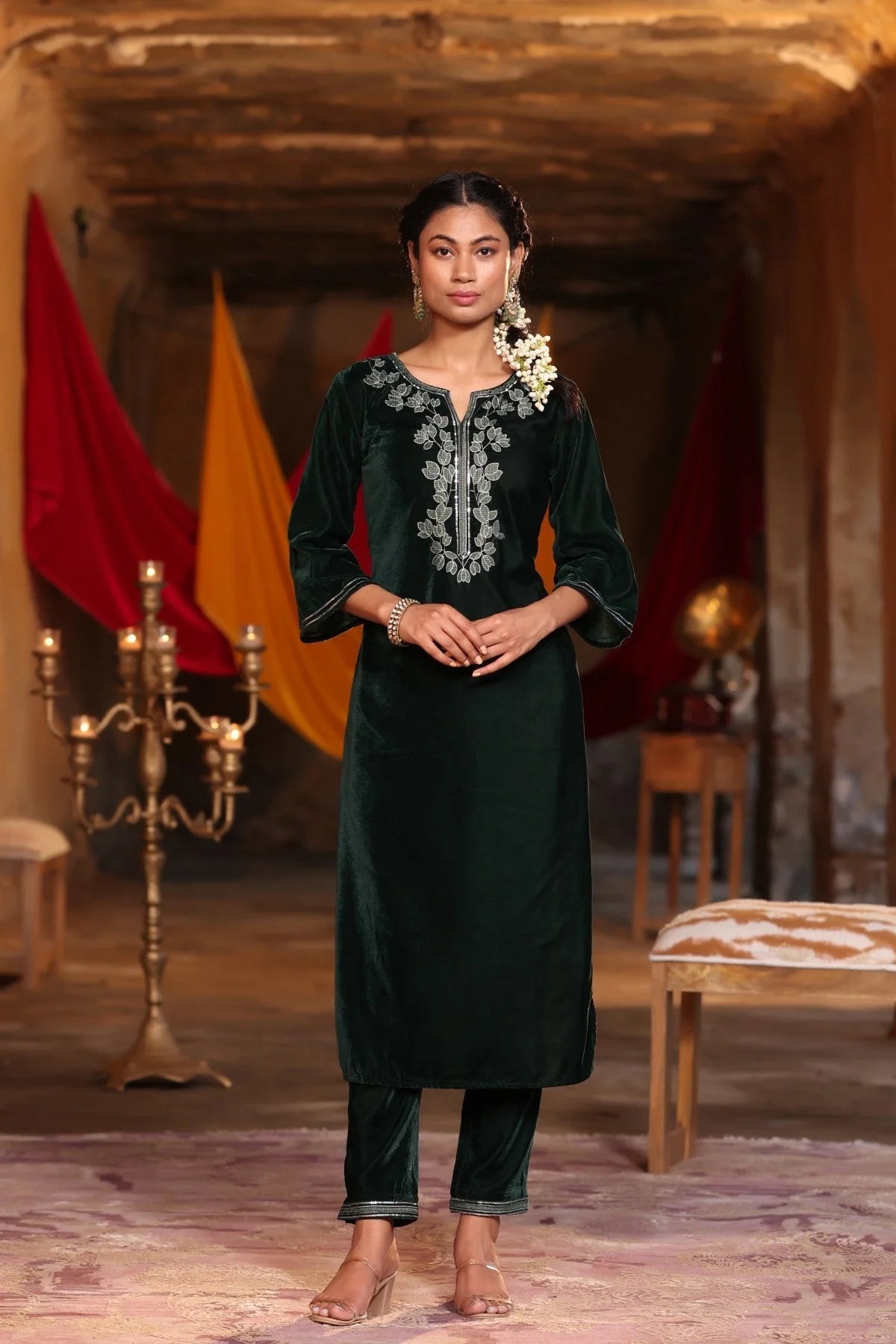 Jade Green Velvet Embroidered Indian Kurta Set for Women