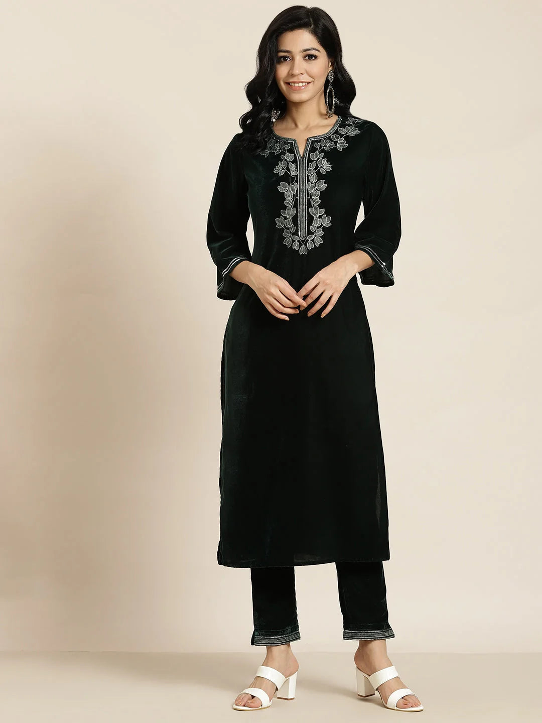 Jade Green Ethnic Motif Printed Velvet Straight Kurta & Pants Set With Zari Work Embroidery.-2711JADEGREEN