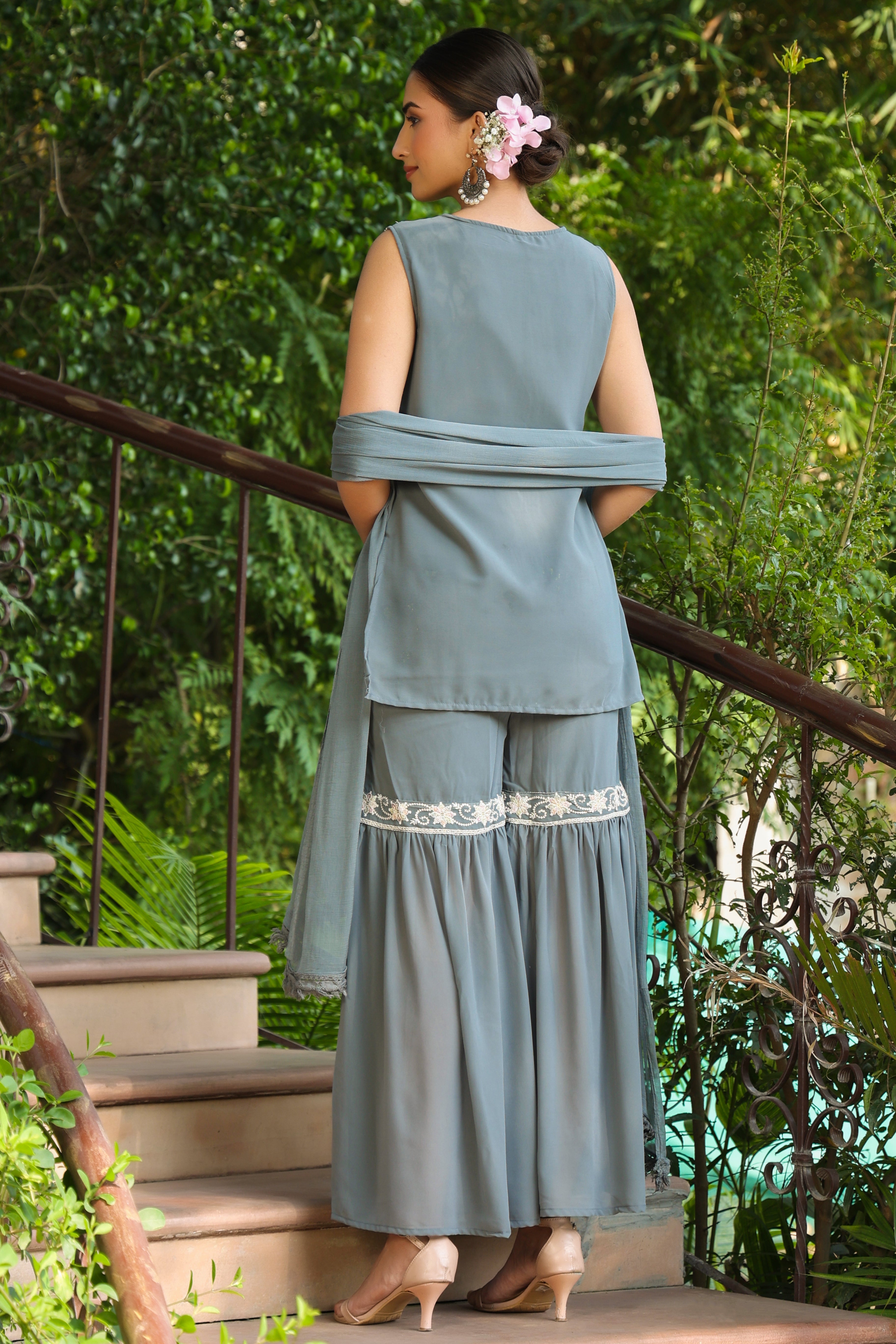 Grey Ethnic Motif Printed Georgette Kurta Sharara & Dupatta Set With T