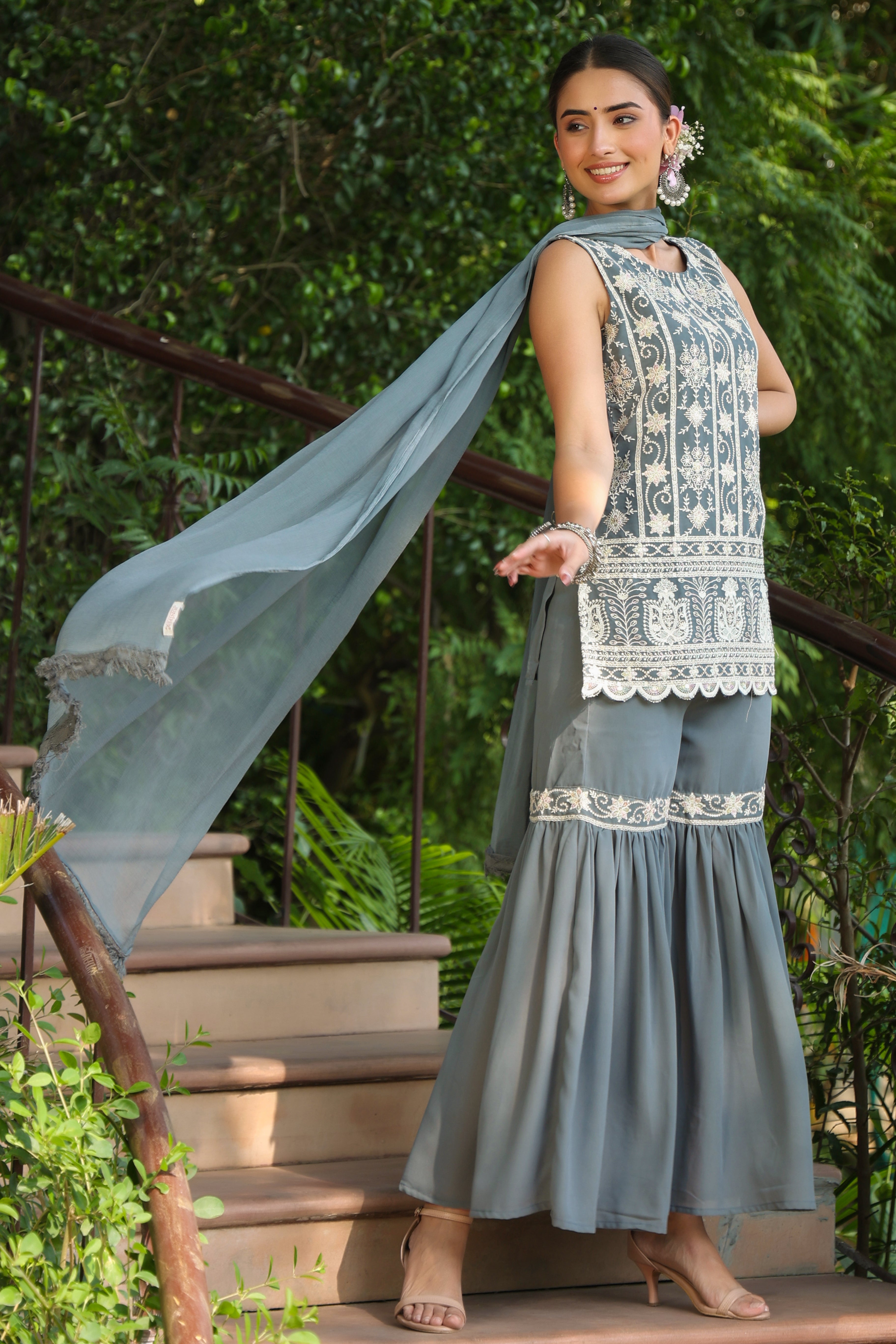 Grey Ethnic Motif Printed Georgette Kurta Sharara & Dupatta Set With T