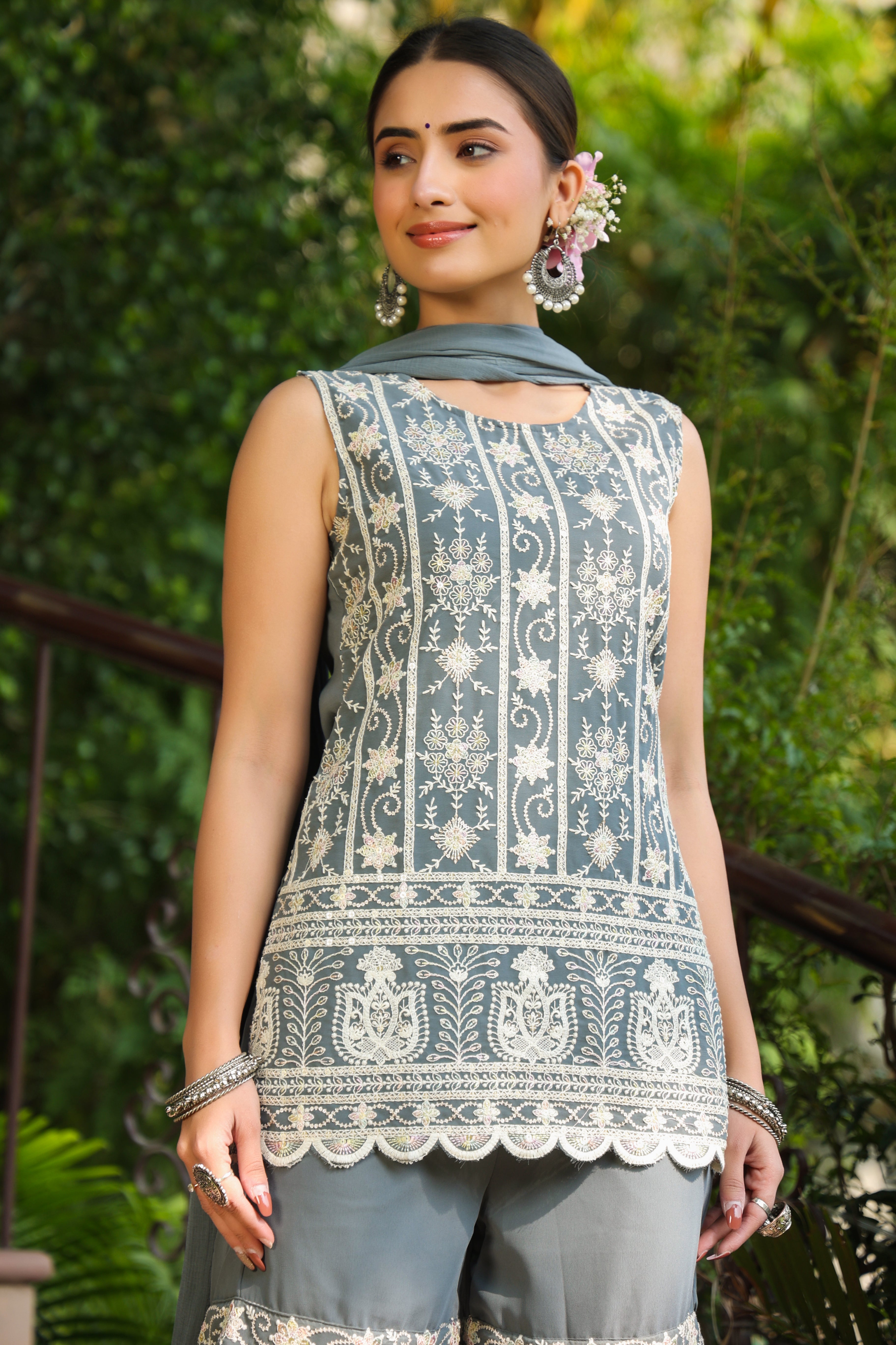 Grey Ethnic Motif Printed Georgette Kurta Sharara & Dupatta Set With T