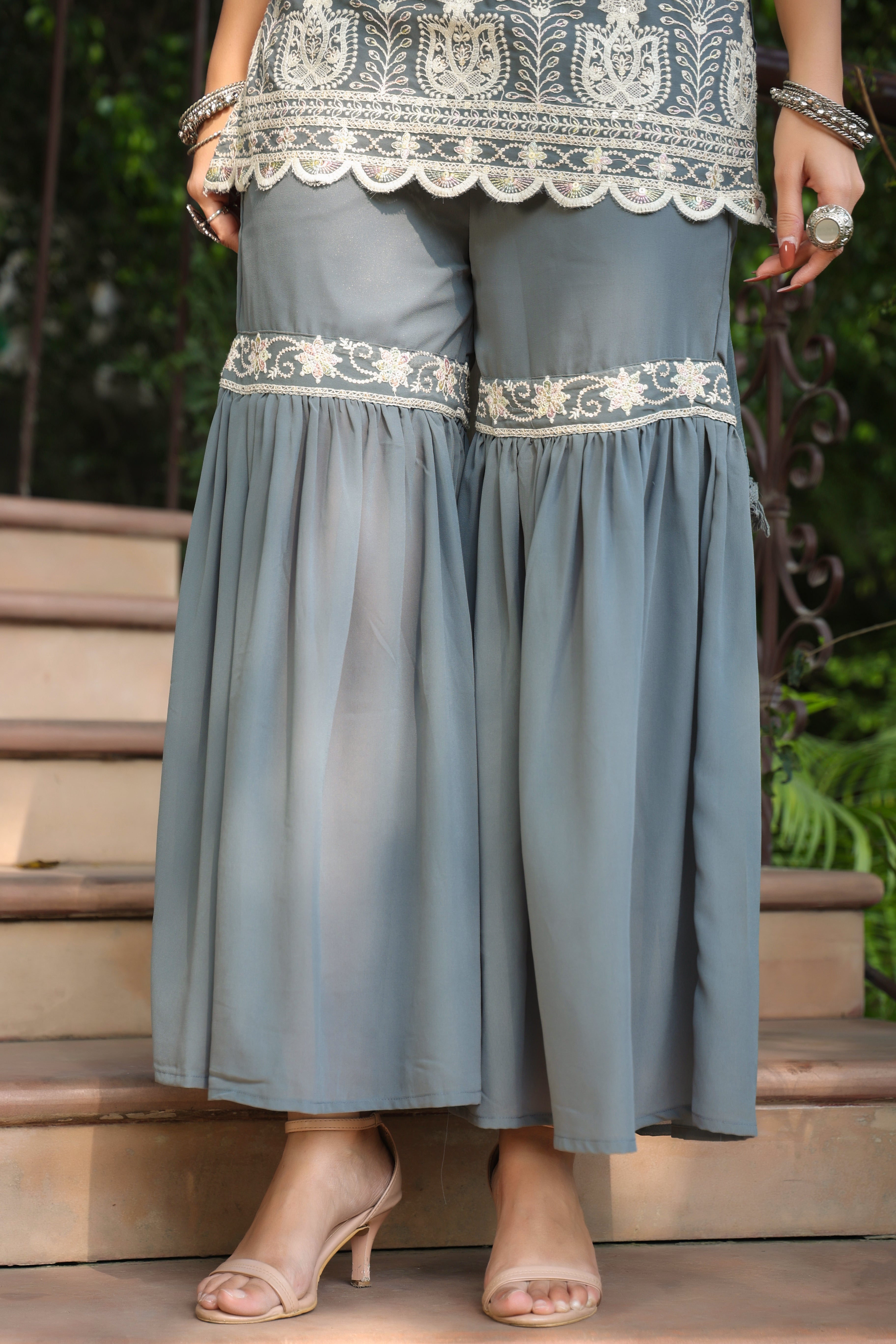 Grey Ethnic Motif Printed Georgette Kurta Sharara & Dupatta Set With T