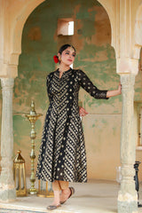 Juniper Women`s Black Chanderi Silk Printed Anarkali Kurta-2723BLACK