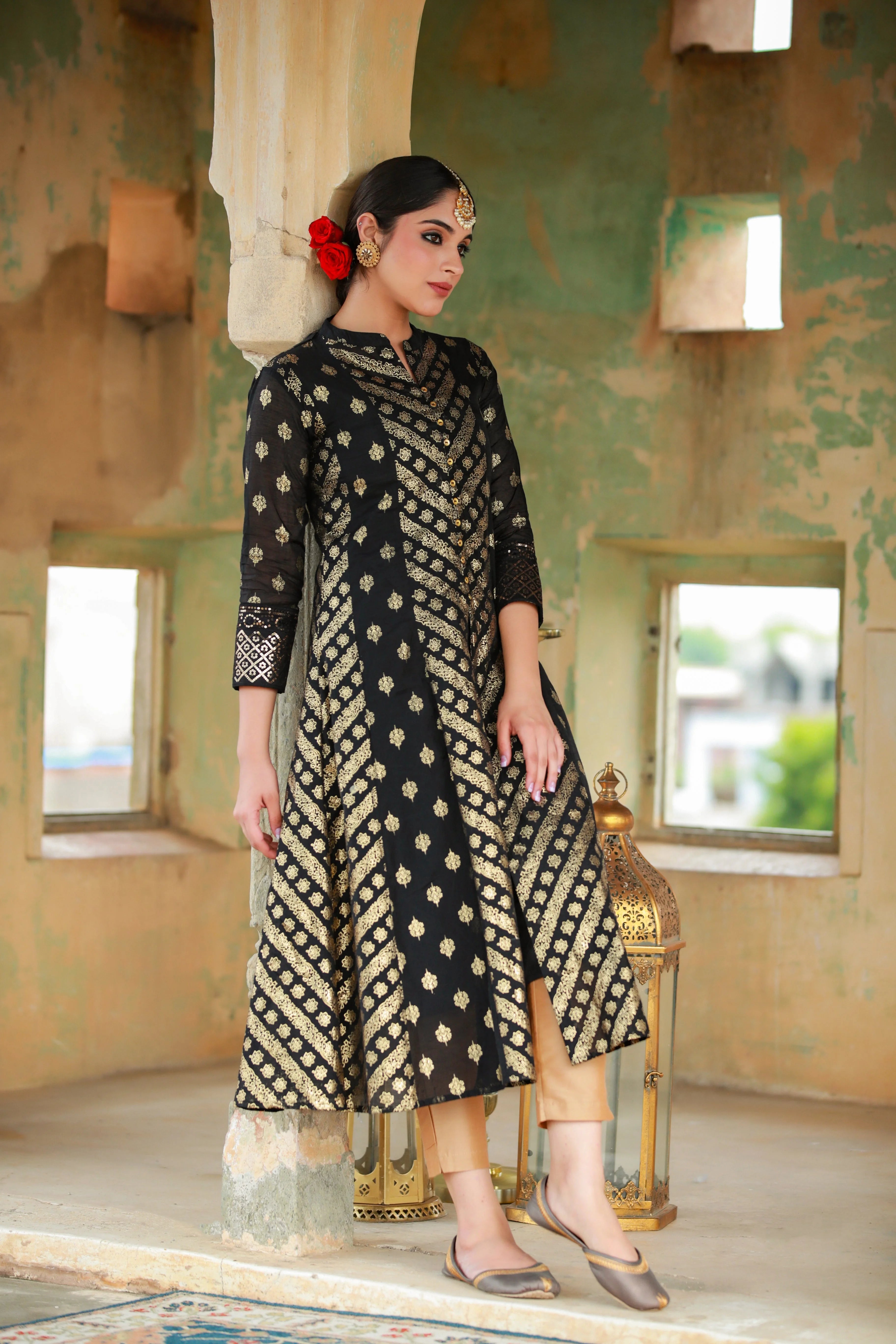 Black Chanderi Silk Printed Anarkali Kurta | DesiQlo Anarkali