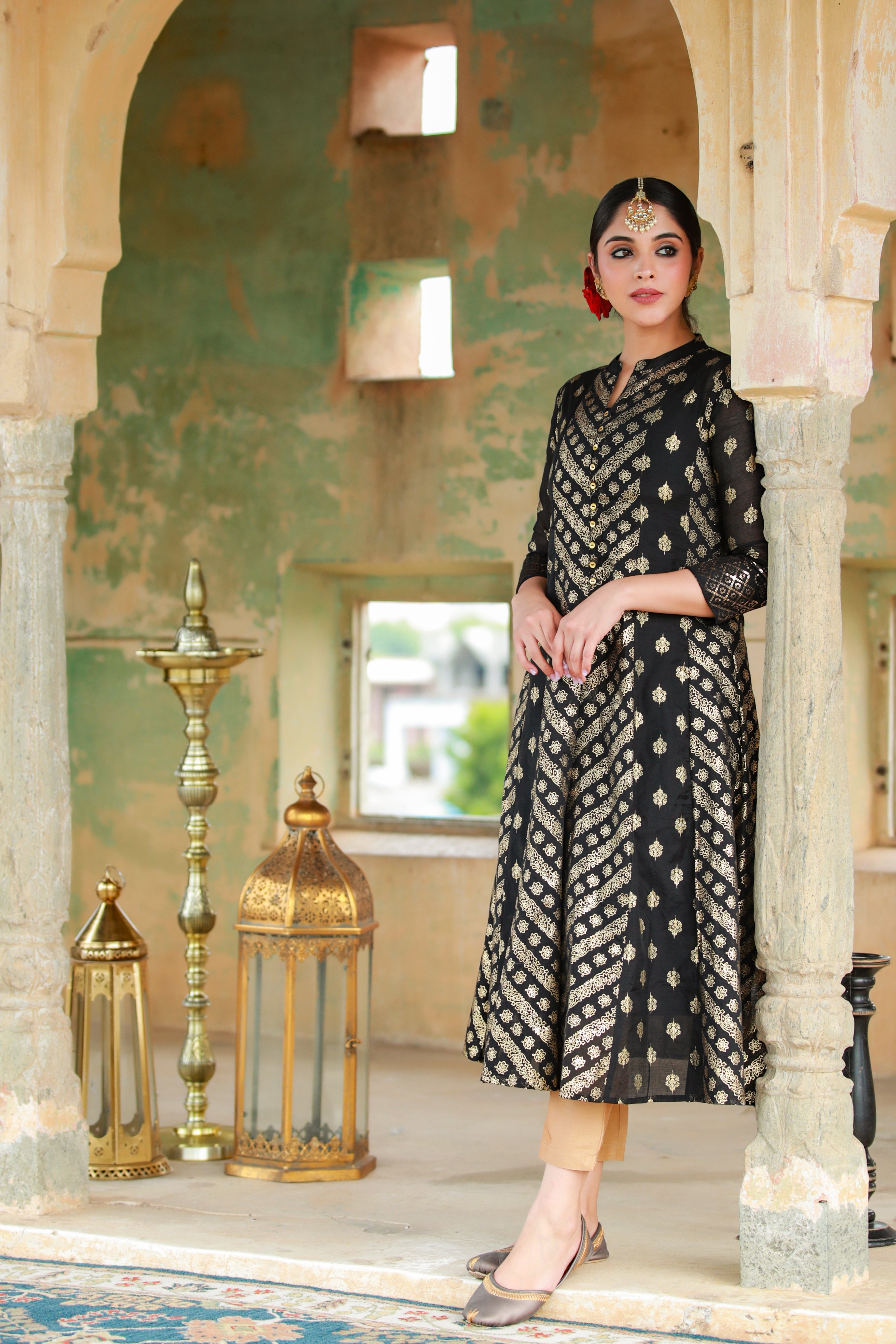 Black Chanderi Silk Printed Anarkali Kurta | DesiQlo Anarkali