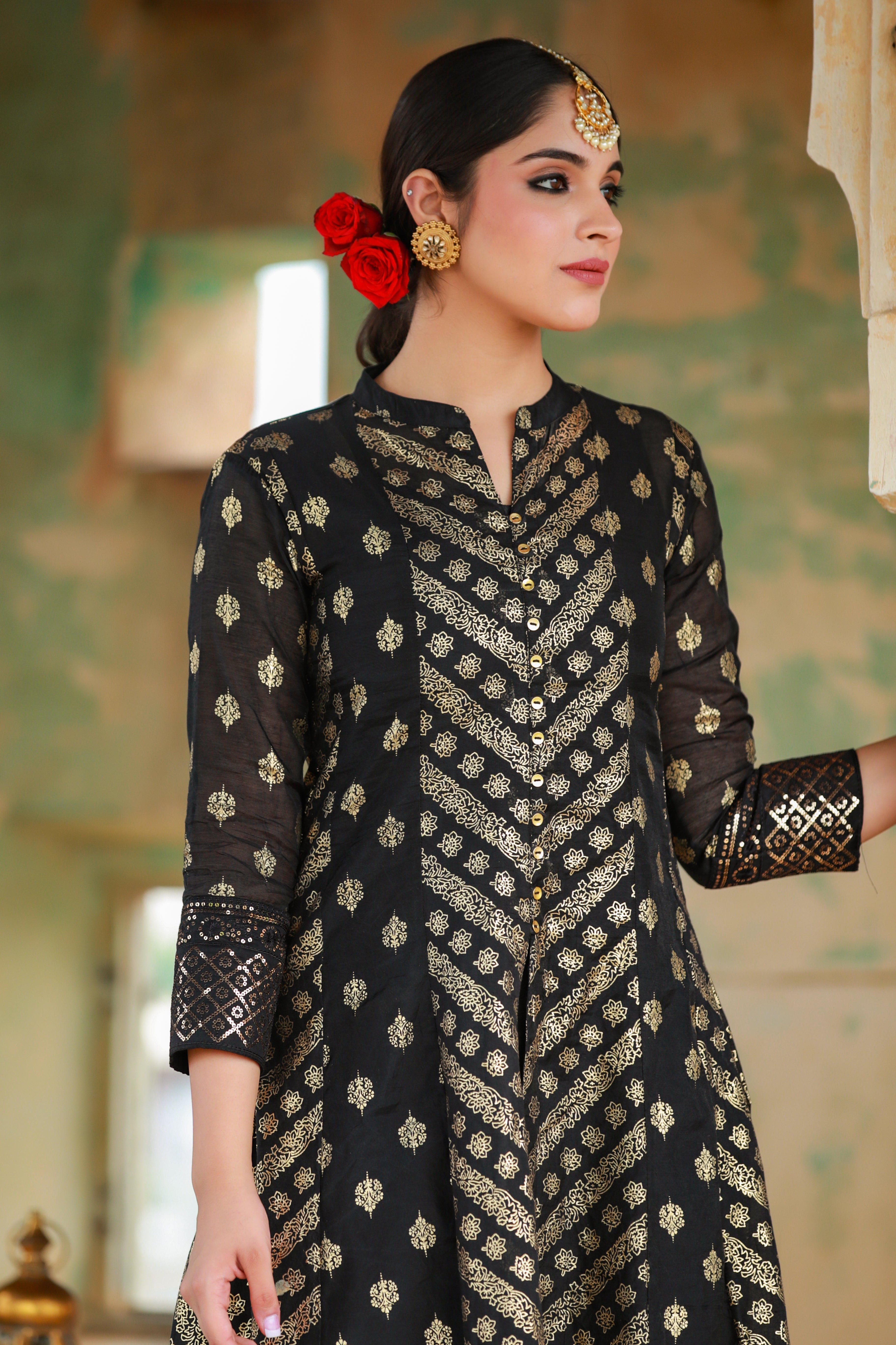 Black Chanderi Silk Printed Anarkali Kurta | DesiQlo Anarkali