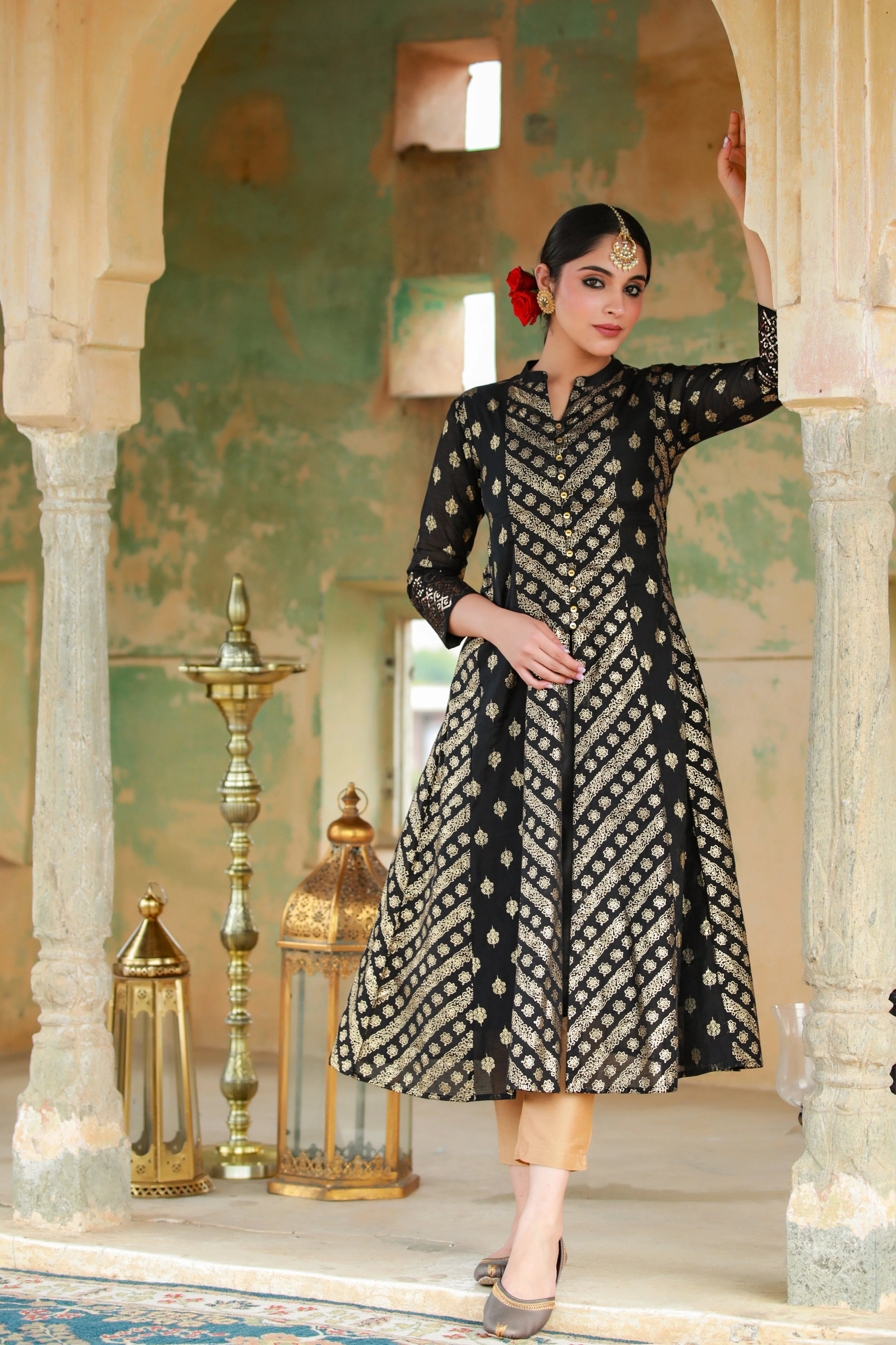 Black Chanderi Silk Printed Anarkali Kurta | DesiQlo Anarkali