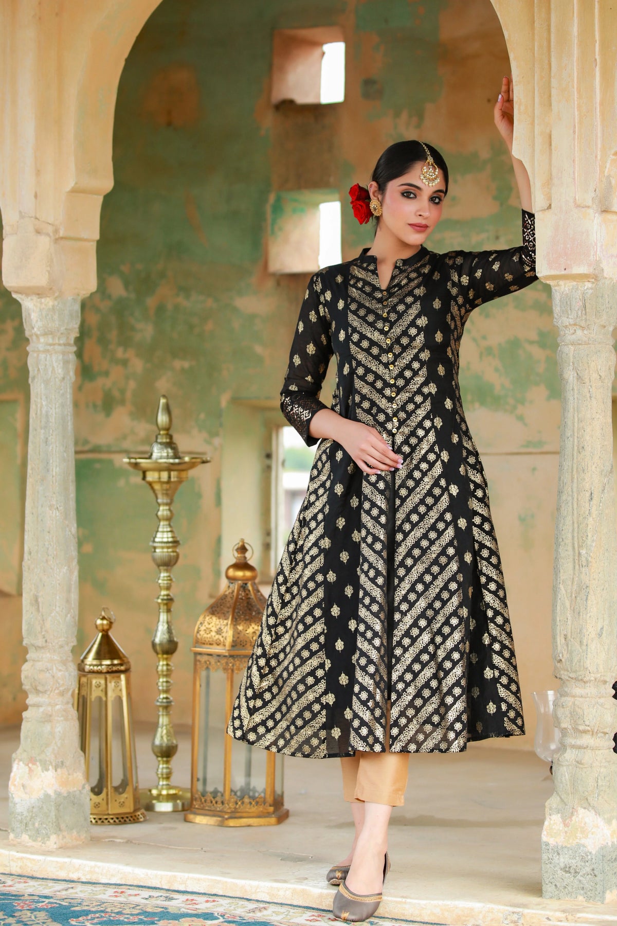 Juniper Women`s Black Chanderi Silk Printed Anarkali Kurta-2723BLACK