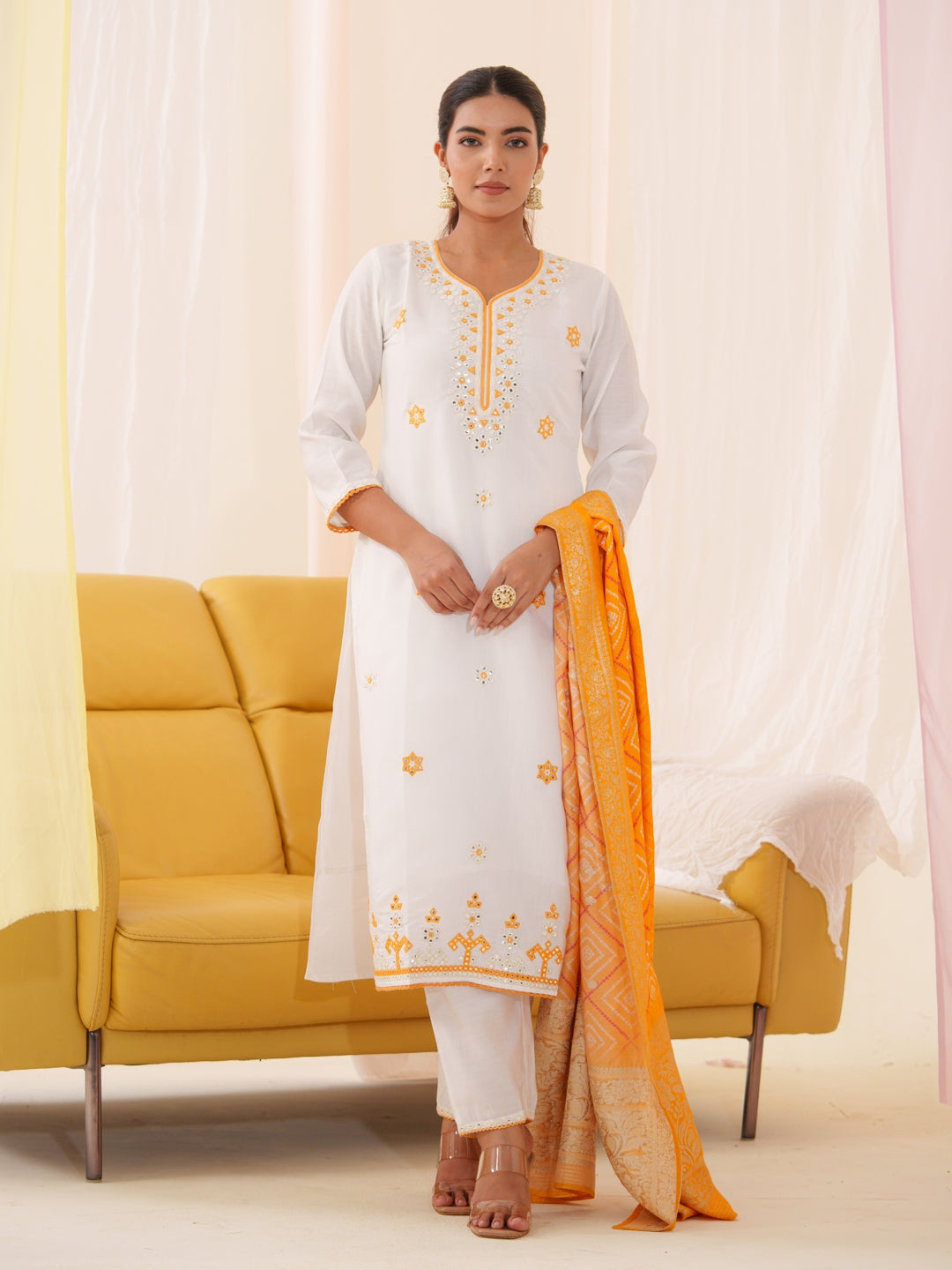 Cotton Blend Kurta Set for Women - Yellow | MLWSHKS9278YLW | DesiQlo