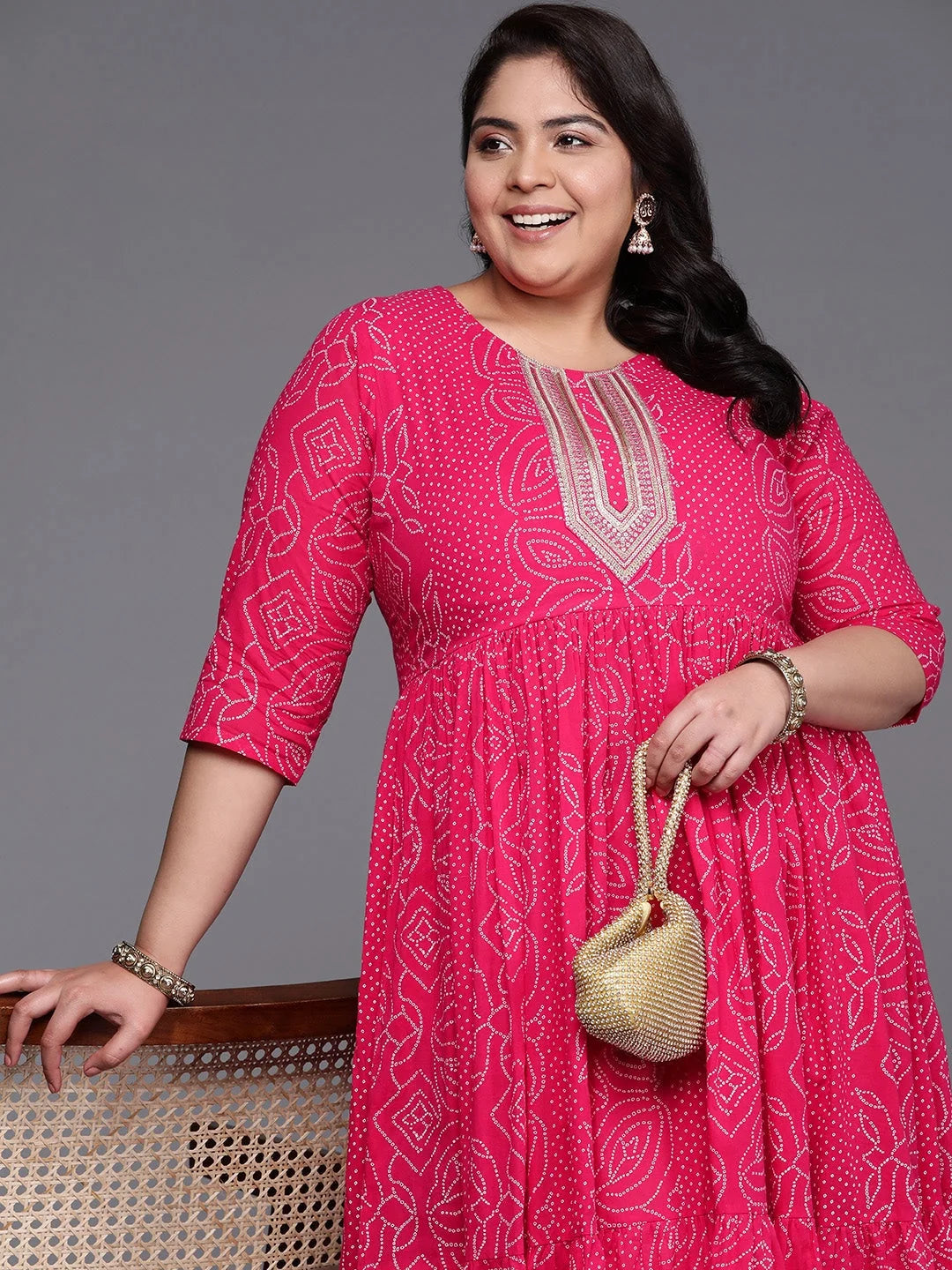 Plus Size Printed Fit & Flare Midi Cotton Indian Dress