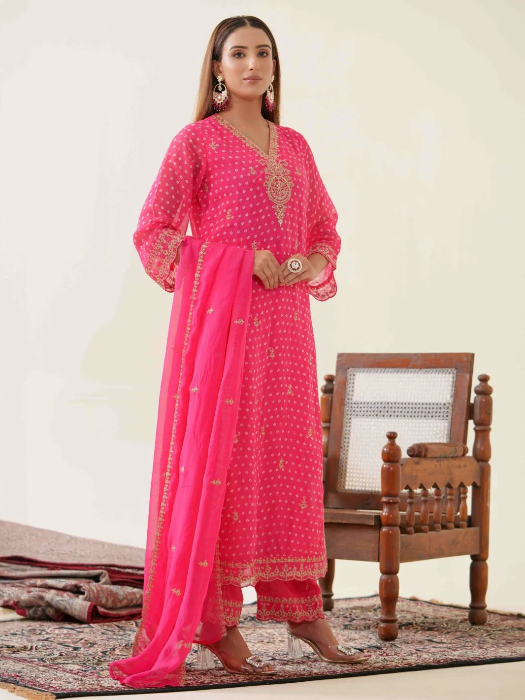 Poly Organza Fabric Pink Colour Top Bottom With Jequard Dupatta Set
