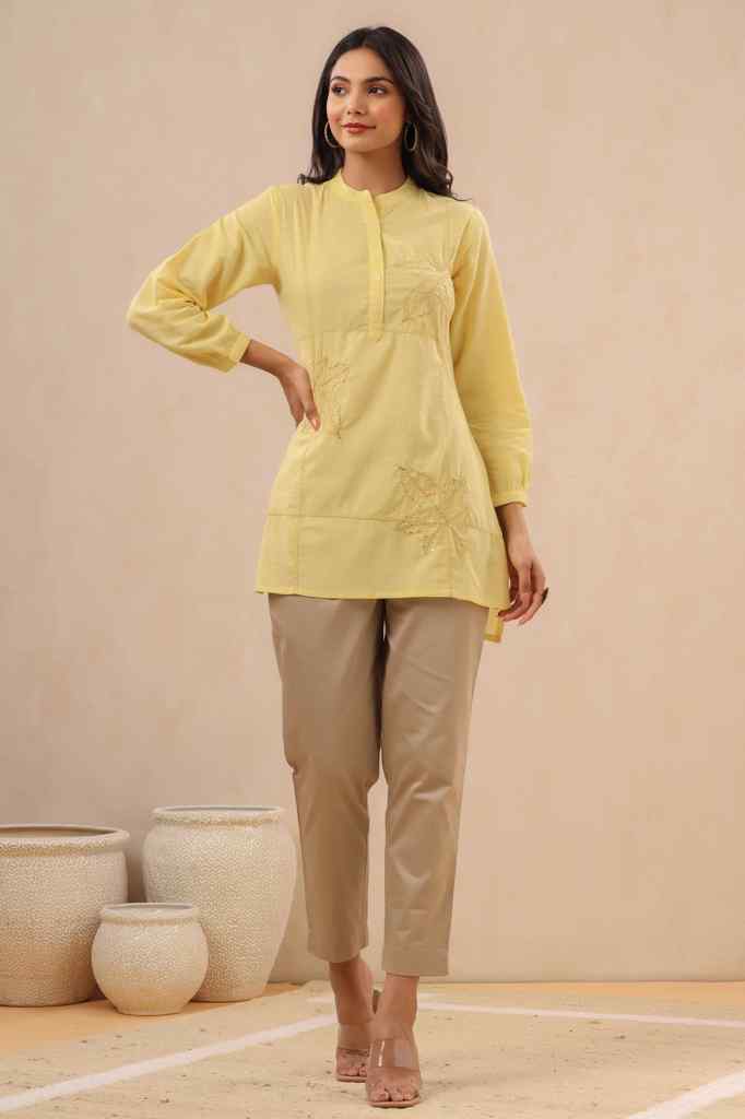 Yellow Ethnic Motif Printed Cotton Slub Kurta With Thread & Sequins Wo