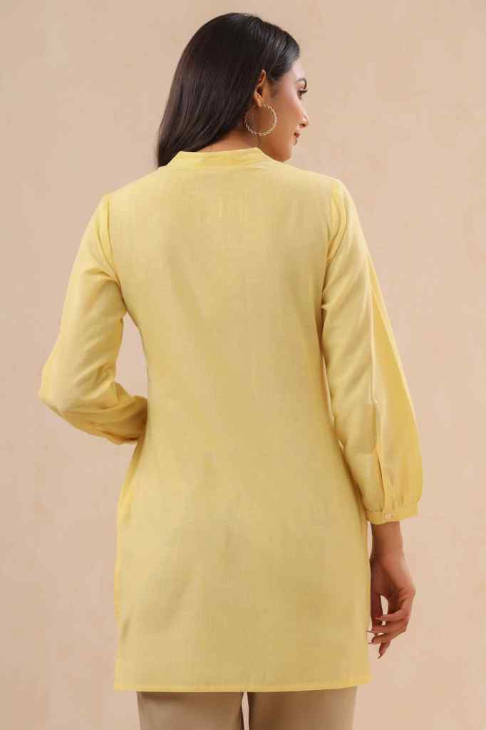 Yellow Ethnic Motif Printed Cotton Slub Kurta With Thread & Sequins Wo