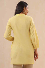 Juniper Yellow Ethnic Motif Printed Cotton Slub Kurta With Thread & Sequins Work Embroidery