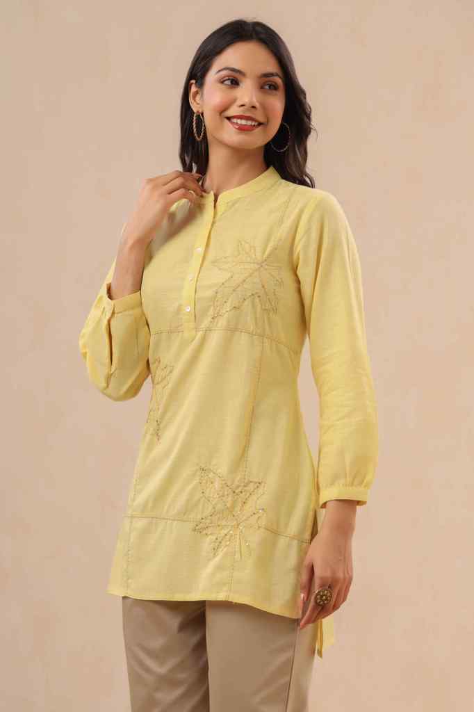 Yellow Ethnic Motif Printed Cotton Slub Kurta With Thread & Sequins Wo