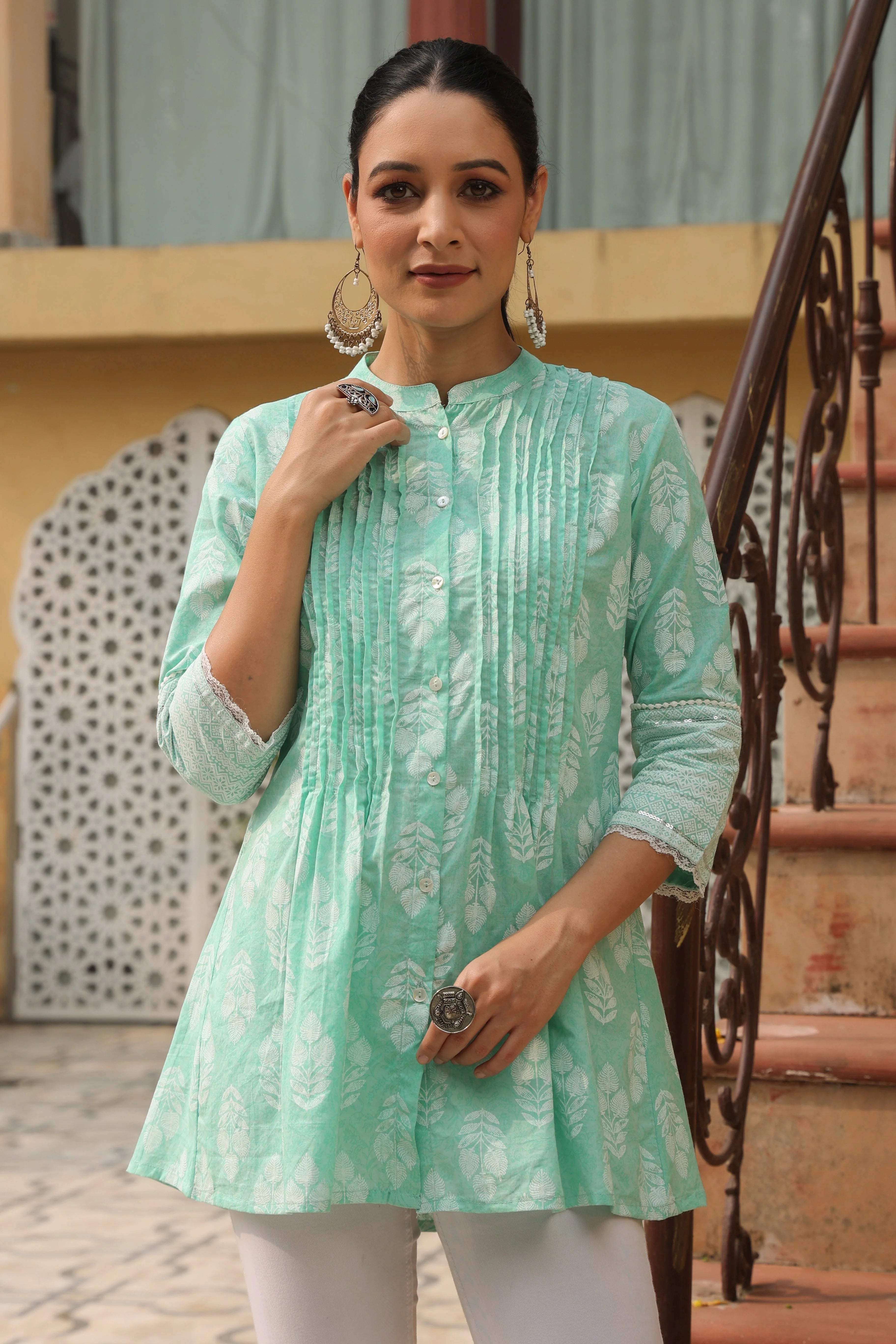 Mint Cotton Tunic Top: Ethnic Printed Indian Kurti for Women