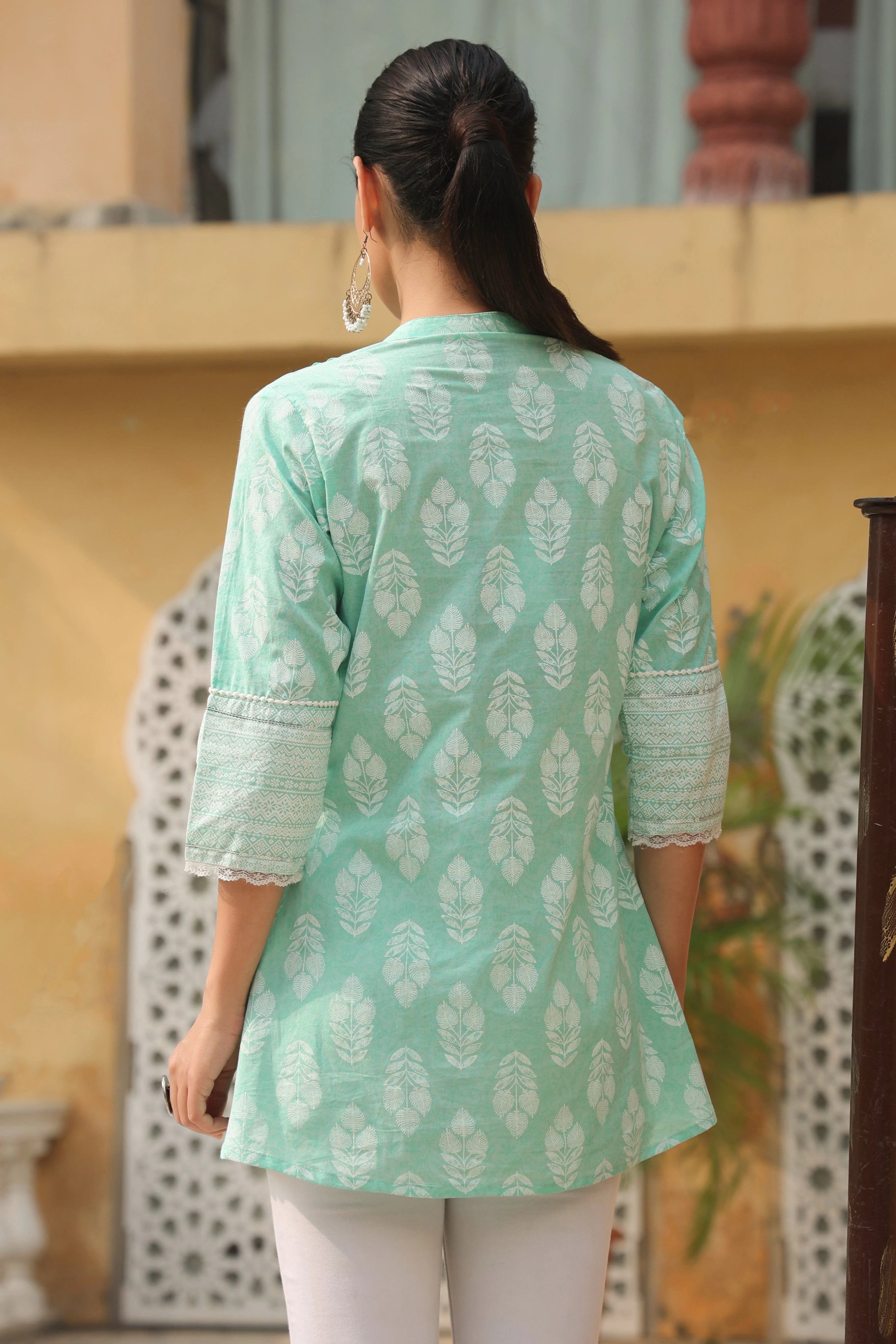 Mint Cotton Tunic Top: Ethnic Printed Indian Kurti for Women
