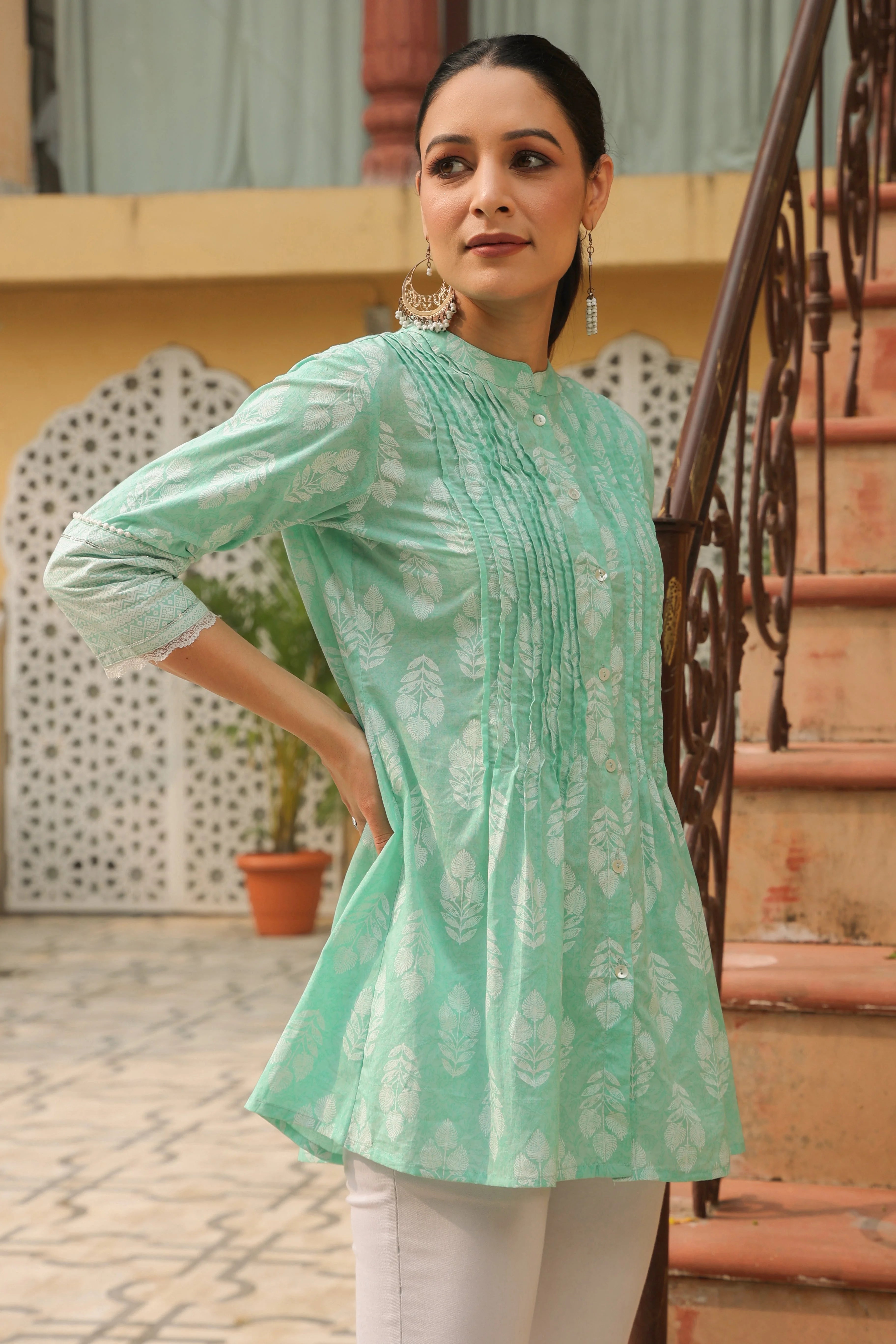 Mint Cotton Tunic Top: Ethnic Printed Indian Kurti for Women