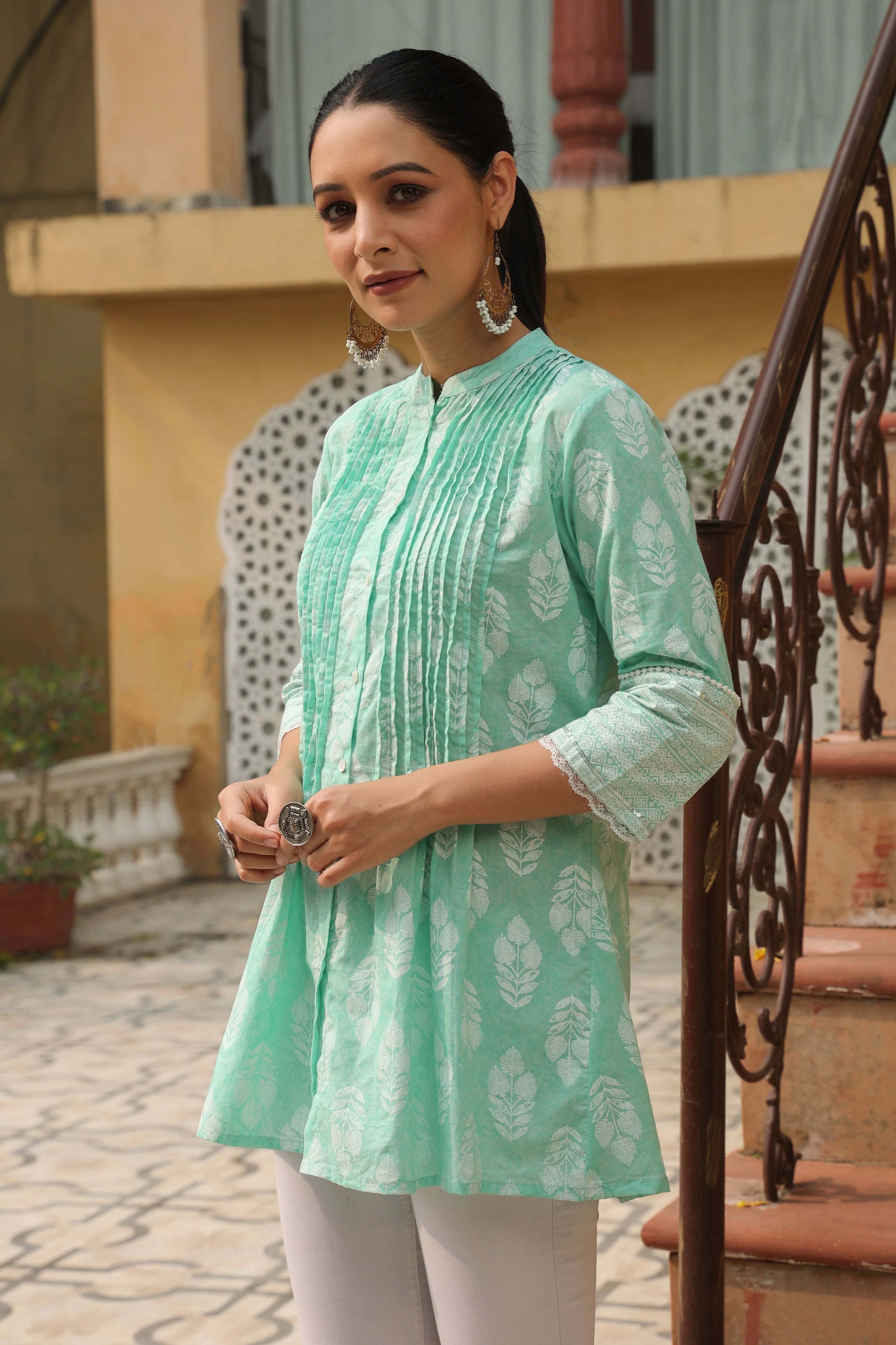 Mint Cotton Tunic Top: Ethnic Printed Indian Kurti for Women