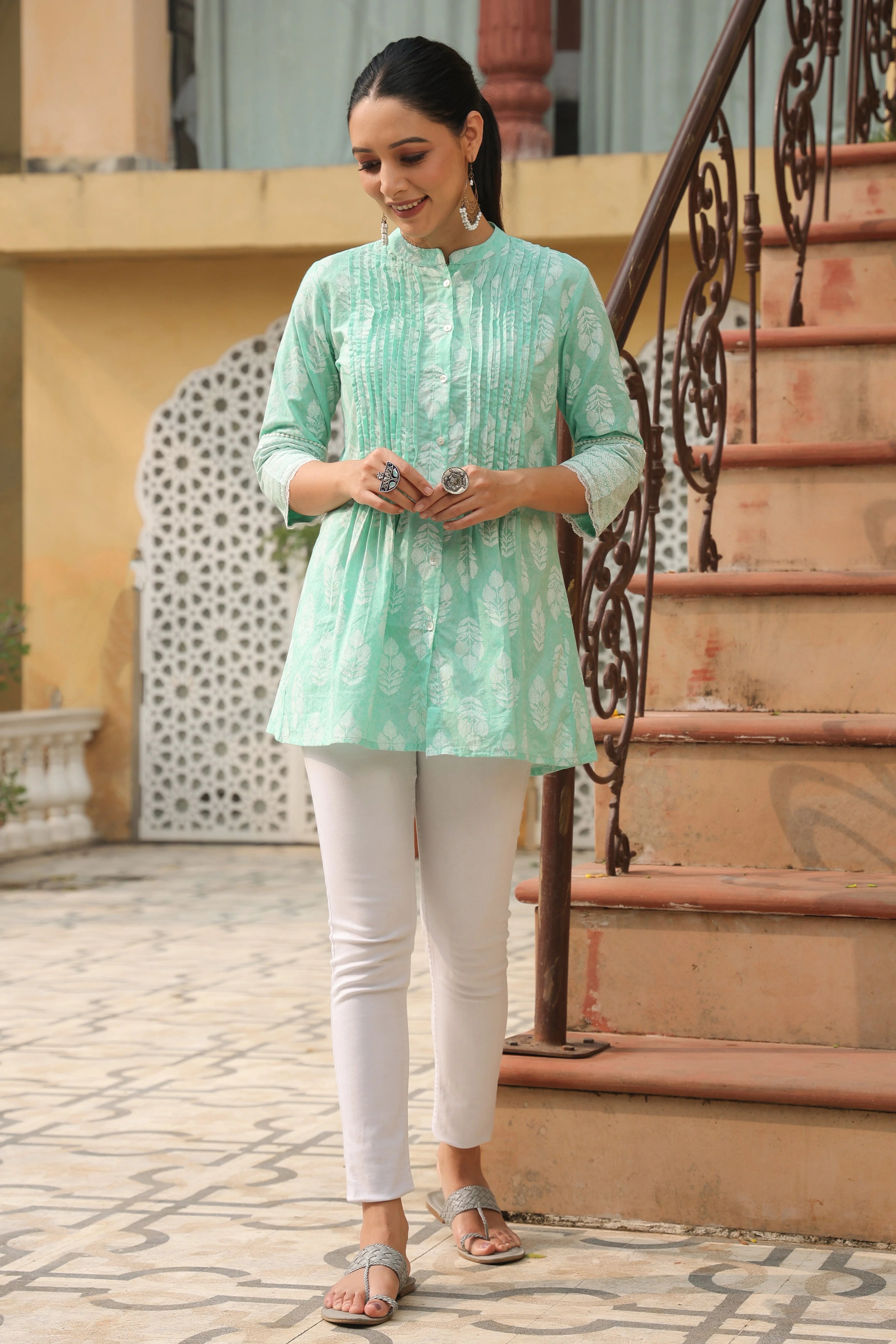 Mint Cotton Tunic Top: Ethnic Printed Indian Kurti for Women