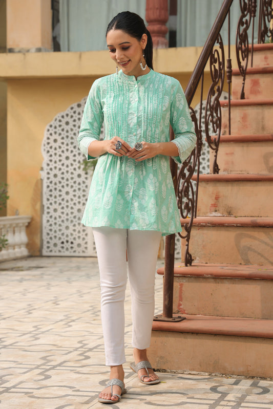 Mint Ethnic Motif Printed Pure Cotton A-Line Tunic With Lace Work-2862MINT 3648
