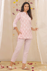 Juniper Lavender Cambric Printed High-Low Kurta Pant Set