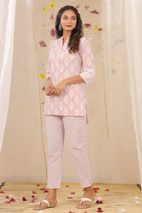 Juniper Lavender Cambric Printed High-Low Kurta Pant Set