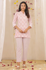 Juniper Lavender Cambric Printed High-Low Kurta Pant Set