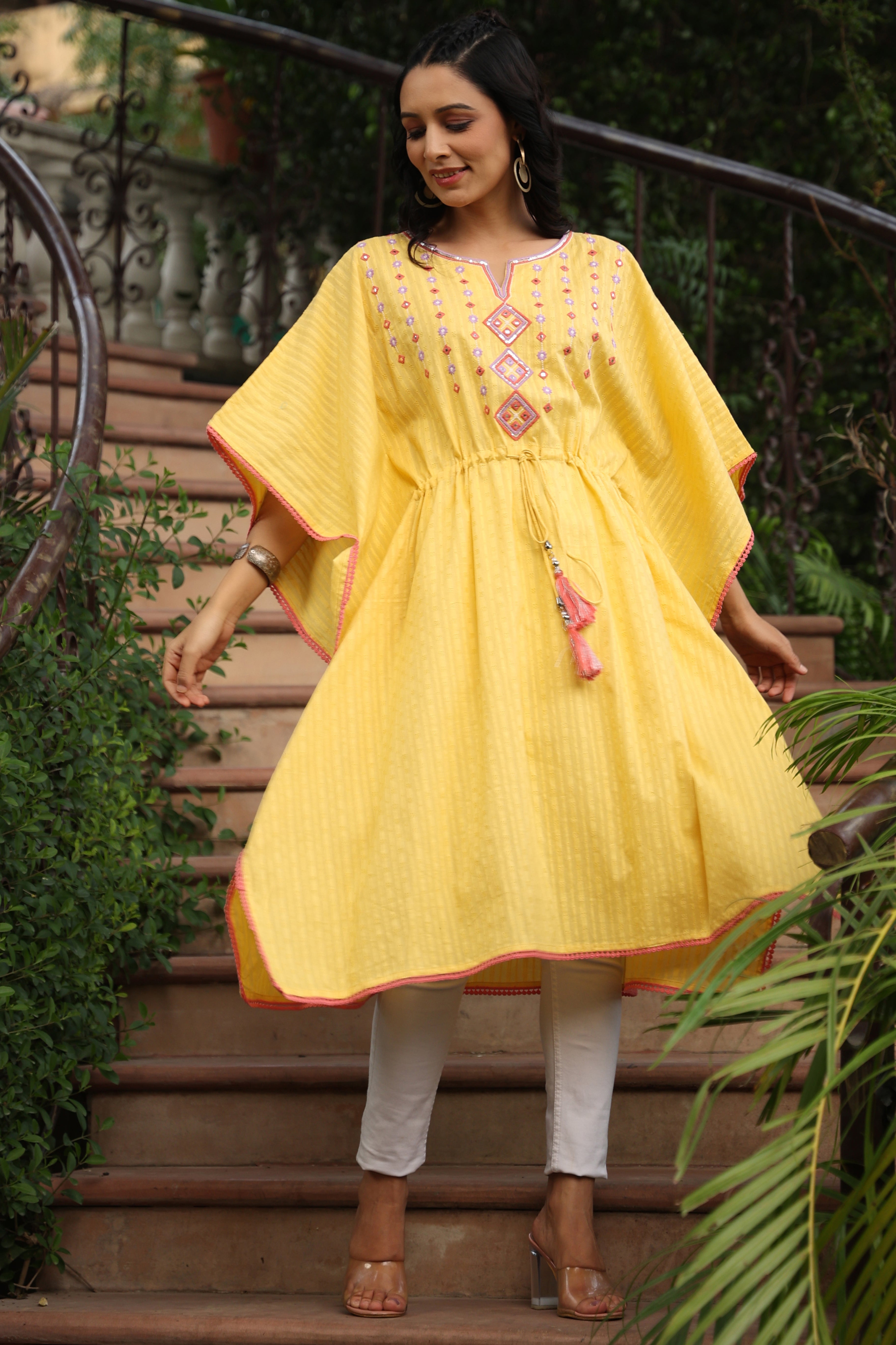 Yellow Geometric Printed Cotton Dobby Kaftan With Thread Work Embroide