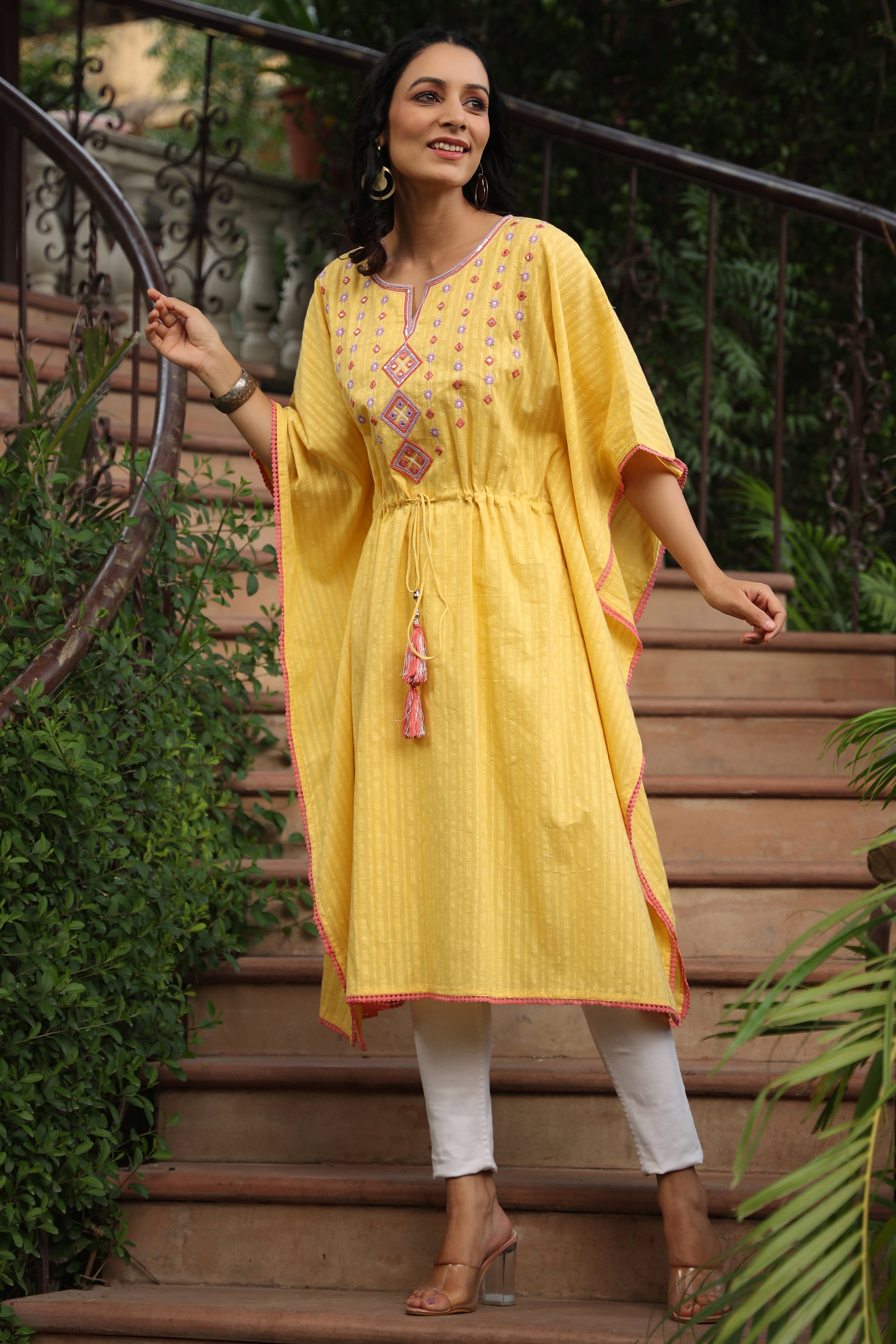 Yellow Geometric Printed Cotton Dobby Kaftan With Thread Work Embroide