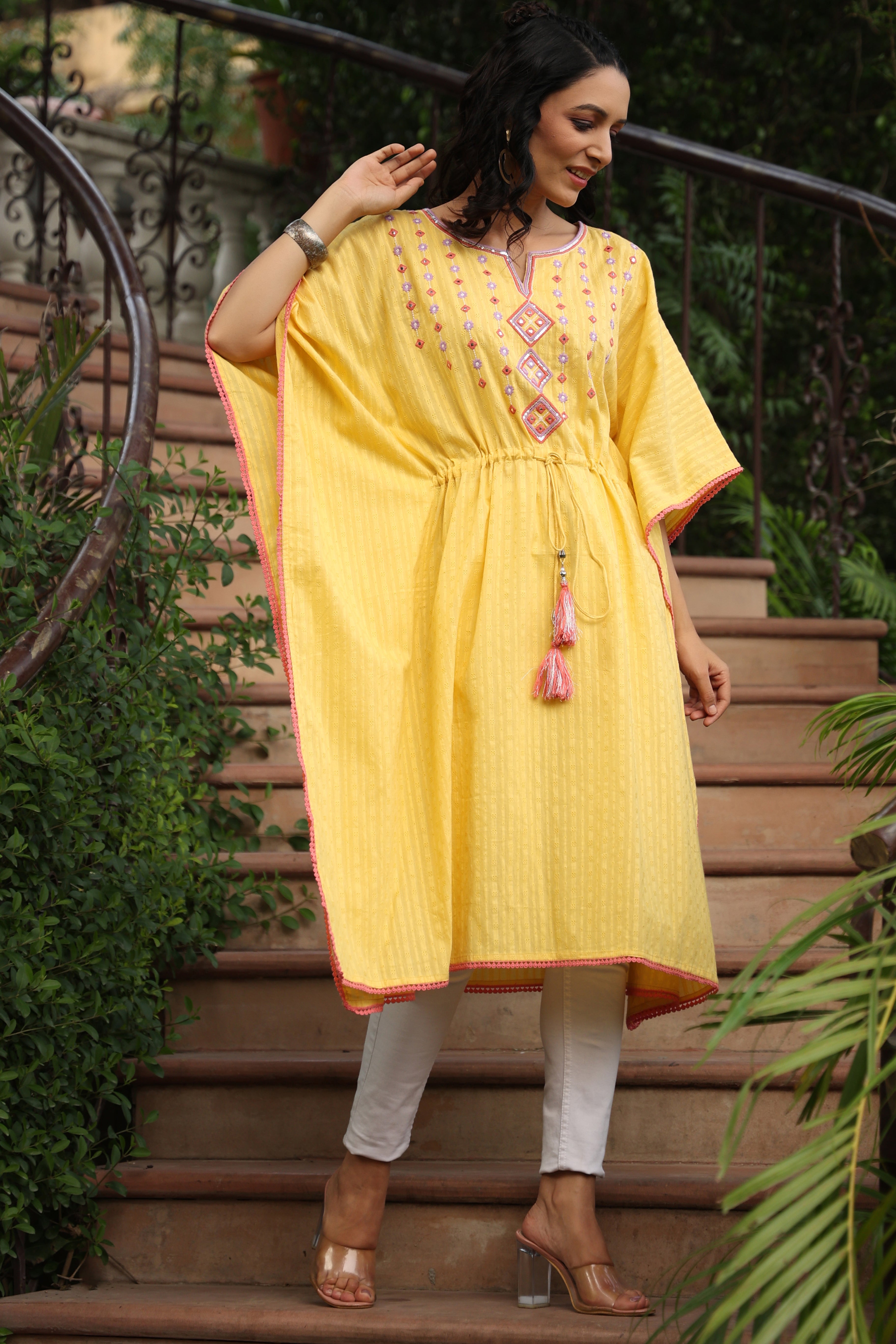 Yellow Geometric Printed Cotton Dobby Kaftan With Thread Work Embroide