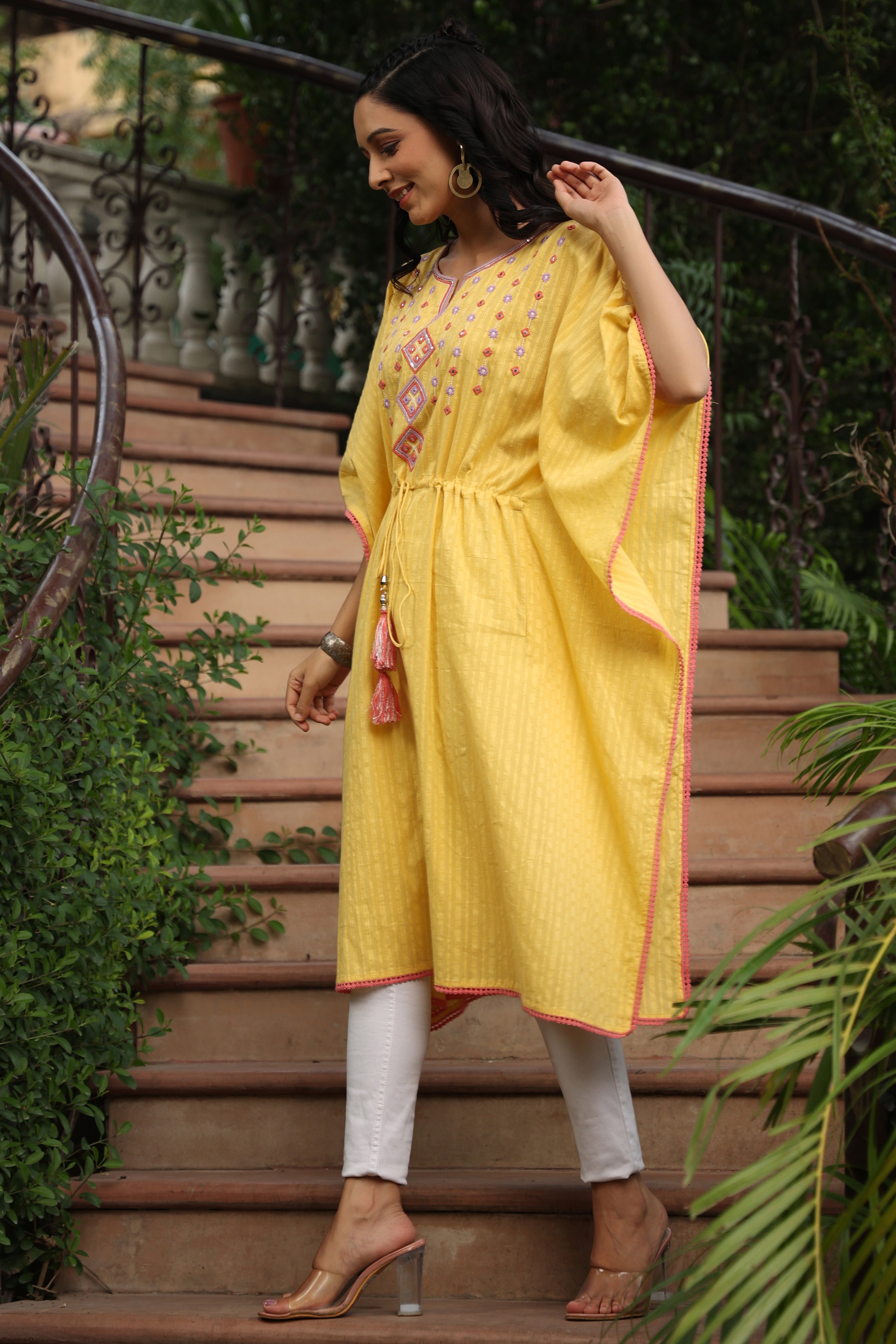 Yellow Geometric Printed Cotton Dobby Kaftan With Thread Work Embroide