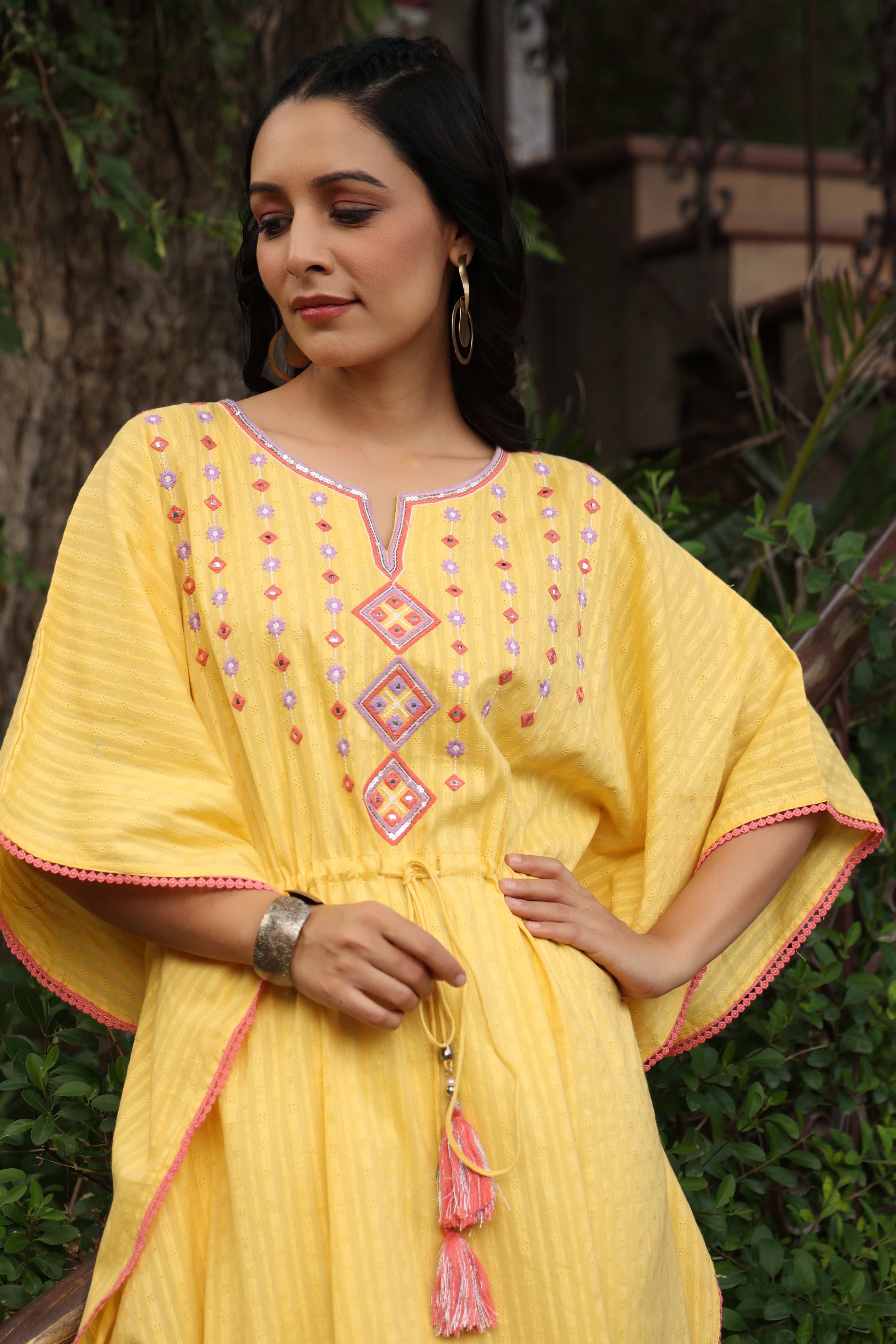 Yellow Geometric Printed Cotton Dobby Kaftan With Thread Work Embroide