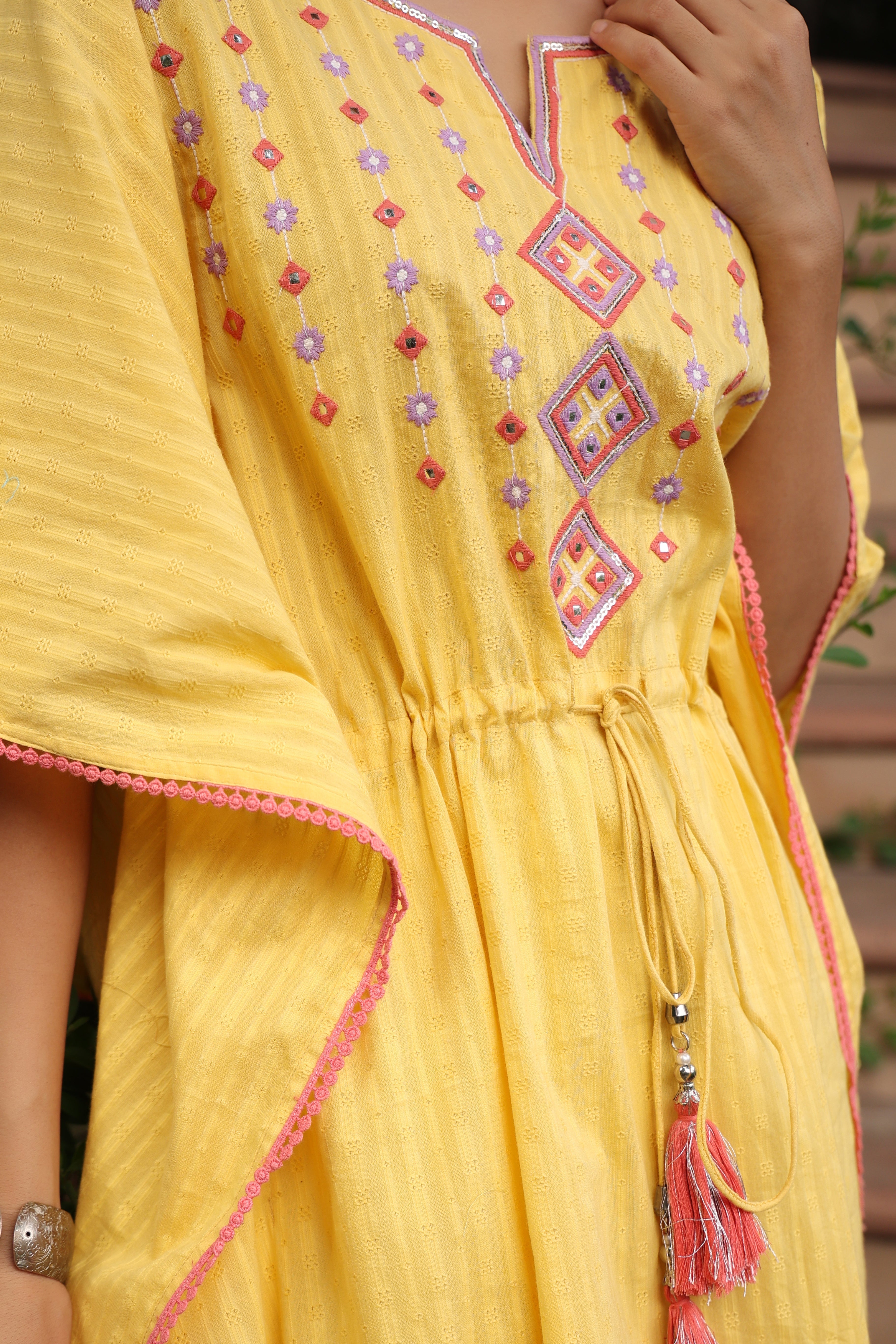 Yellow Geometric Printed Cotton Dobby Kaftan With Thread Work Embroide
