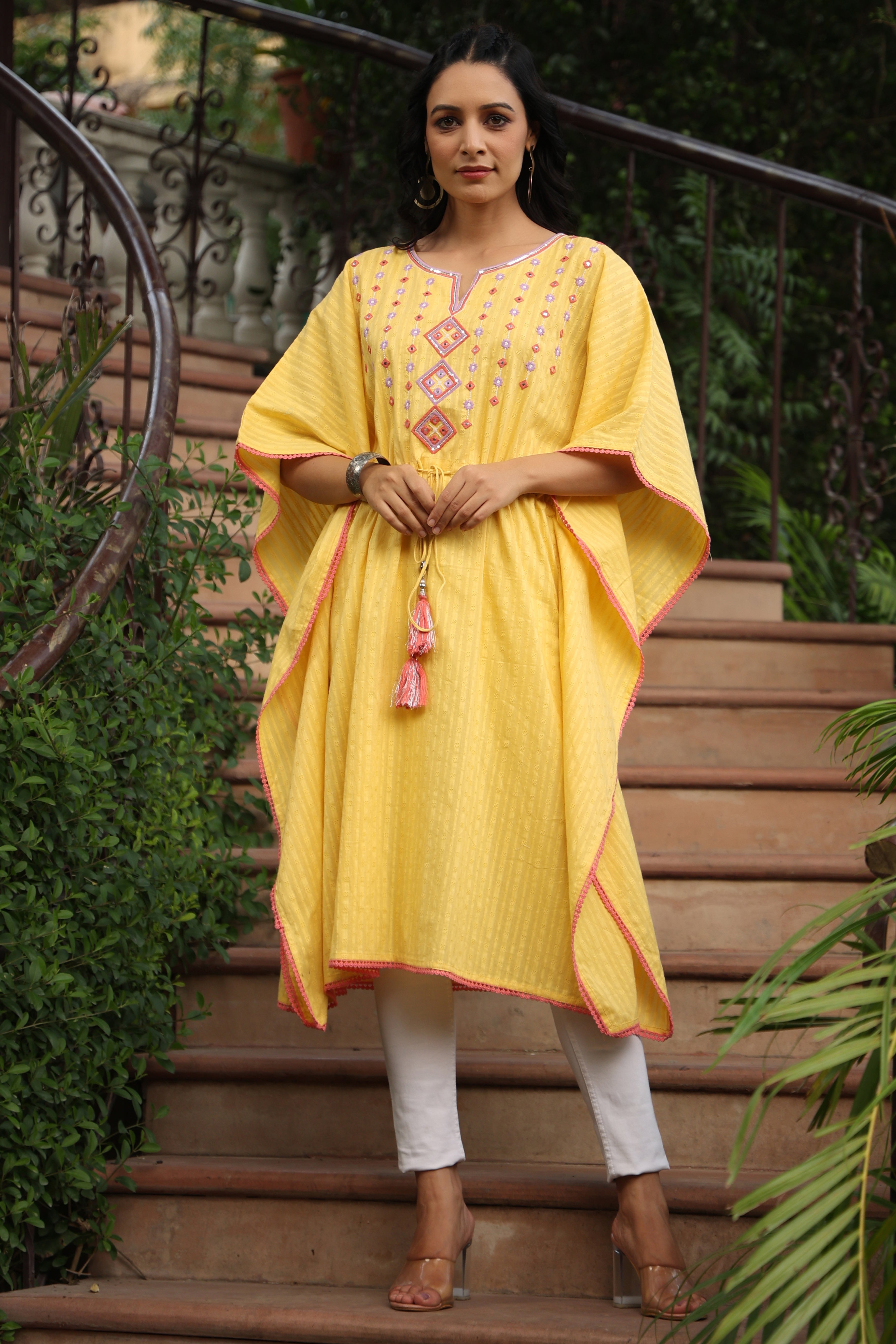 Yellow Geometric Printed Cotton Dobby Kaftan With Thread Work Embroide