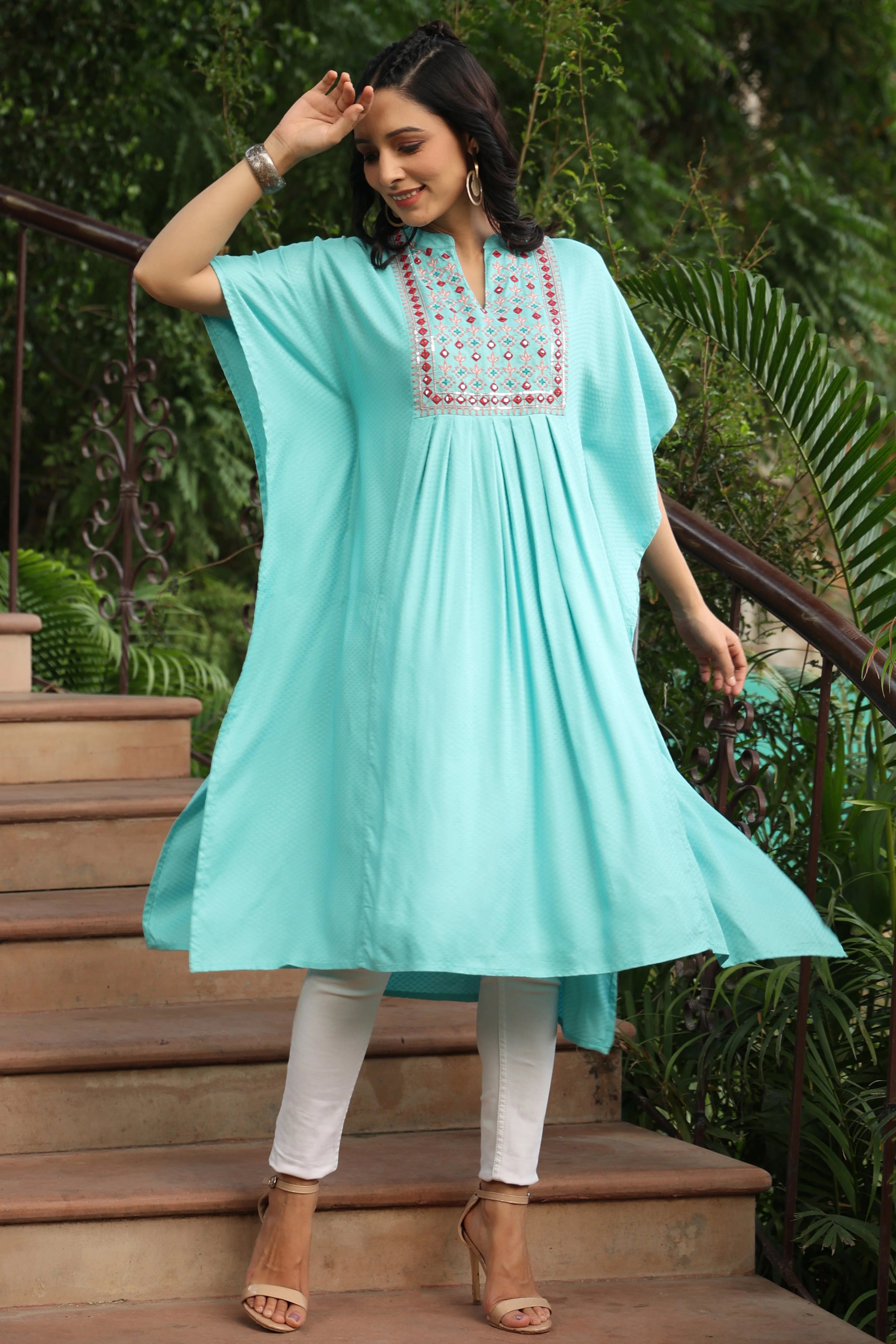 Sky Blue Geometric Embroidered Kaftan - Women's Stylish Kaftans
