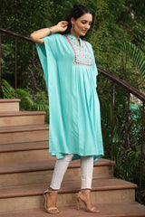 Sky Blue Geometric Printed Rayon Dobby Kaftan With Thread Work Embroidery-2871SKYBLUE