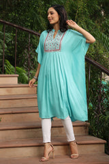 Sky Blue Geometric Printed Rayon Dobby Kaftan With Thread Work Embroidery-2871SKYBLUE