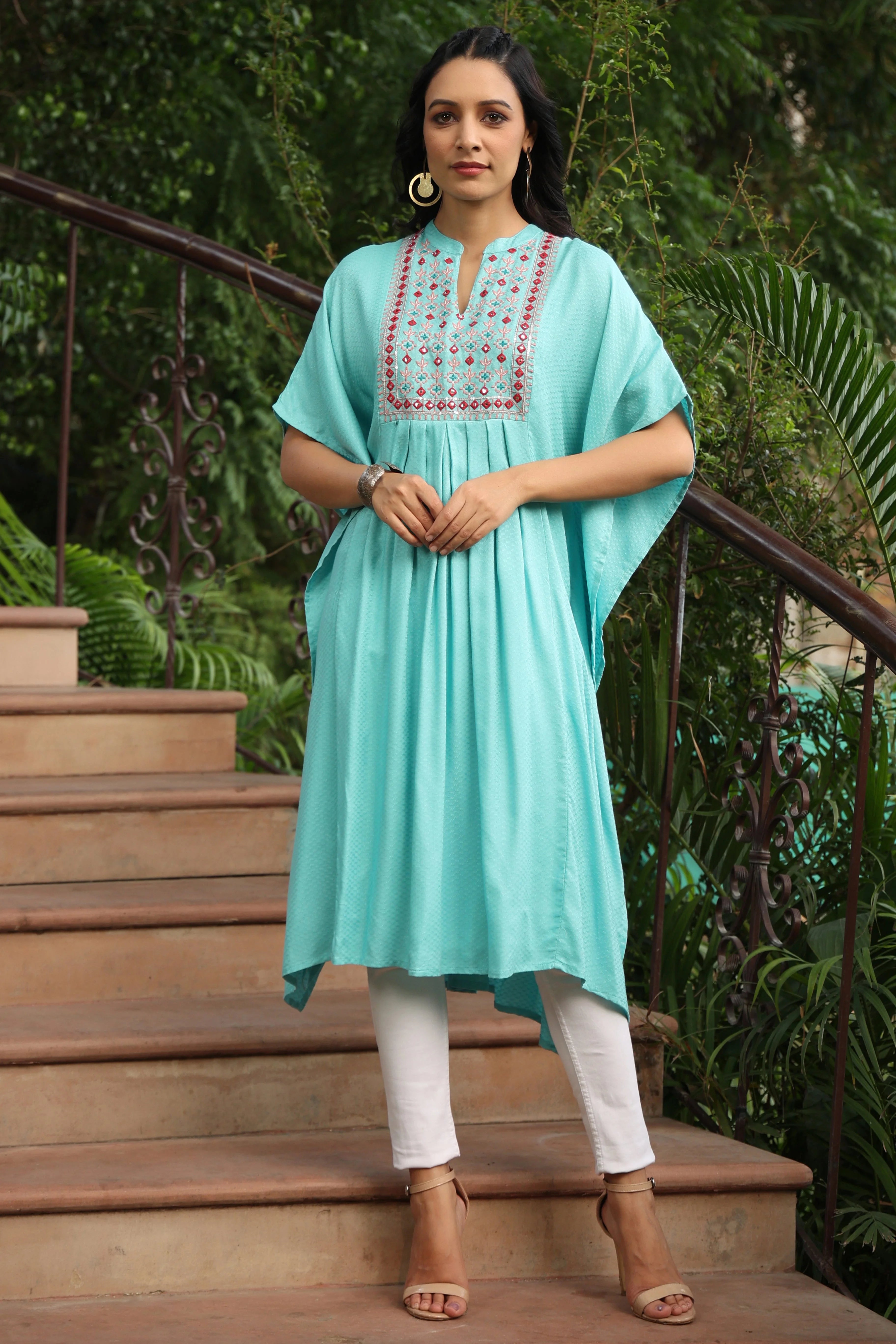 Sky Blue Geometric Embroidered Kaftan - Women's Stylish Kaftans