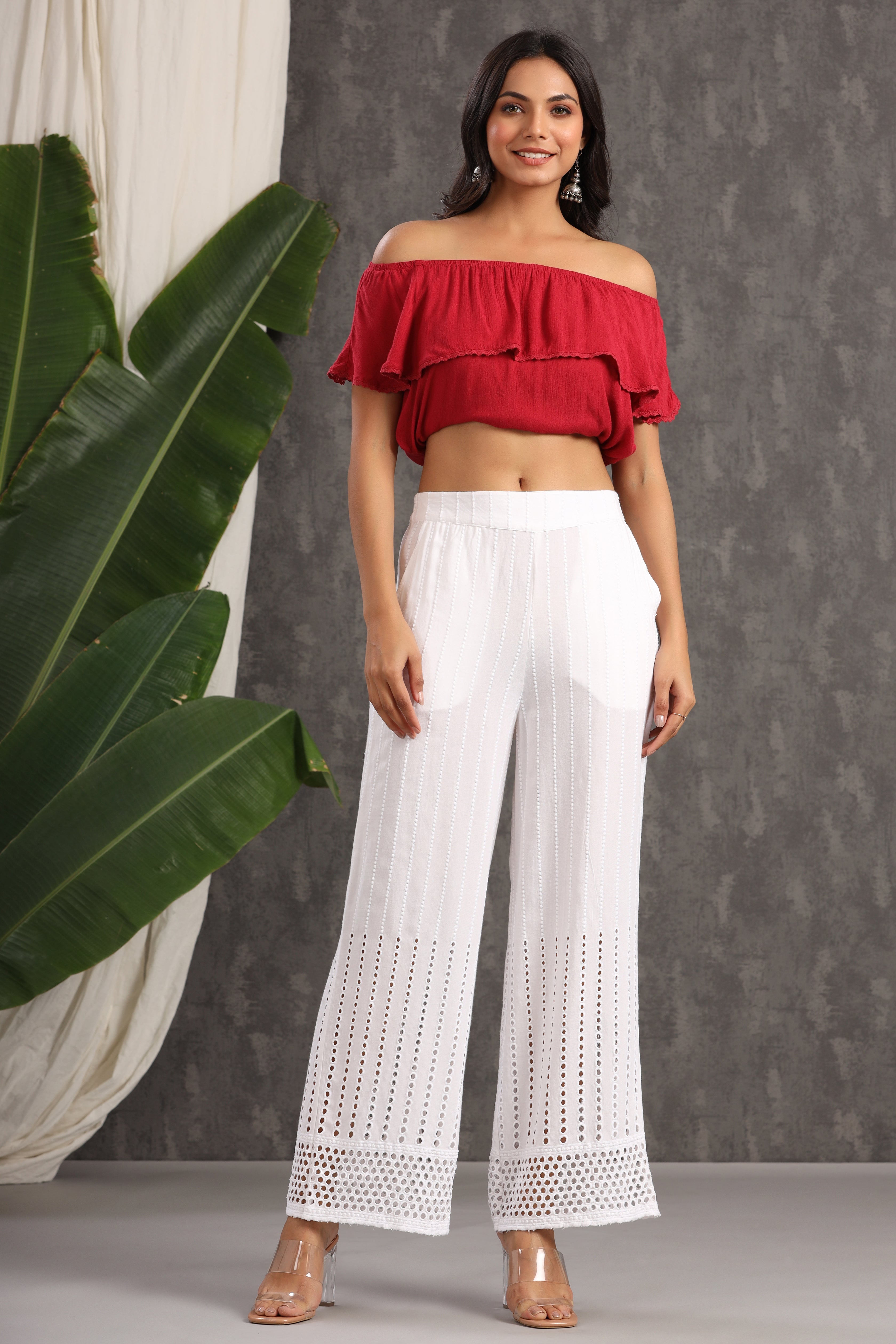 White Solid Rayon Flared Ankle-Length Palazzo | DesiQlo