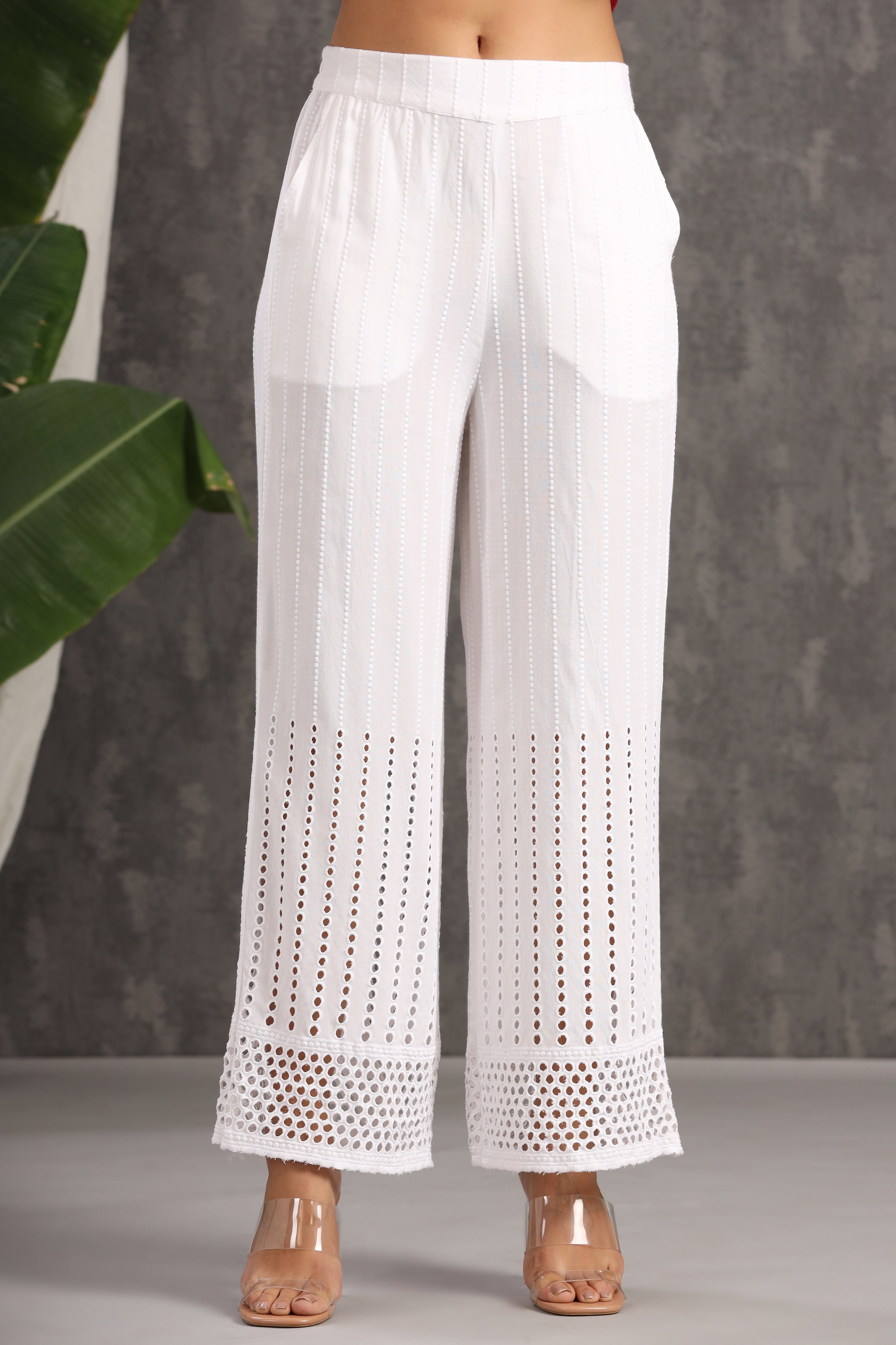 White Solid Rayon Flared Ankle-Length Palazzo | DesiQlo