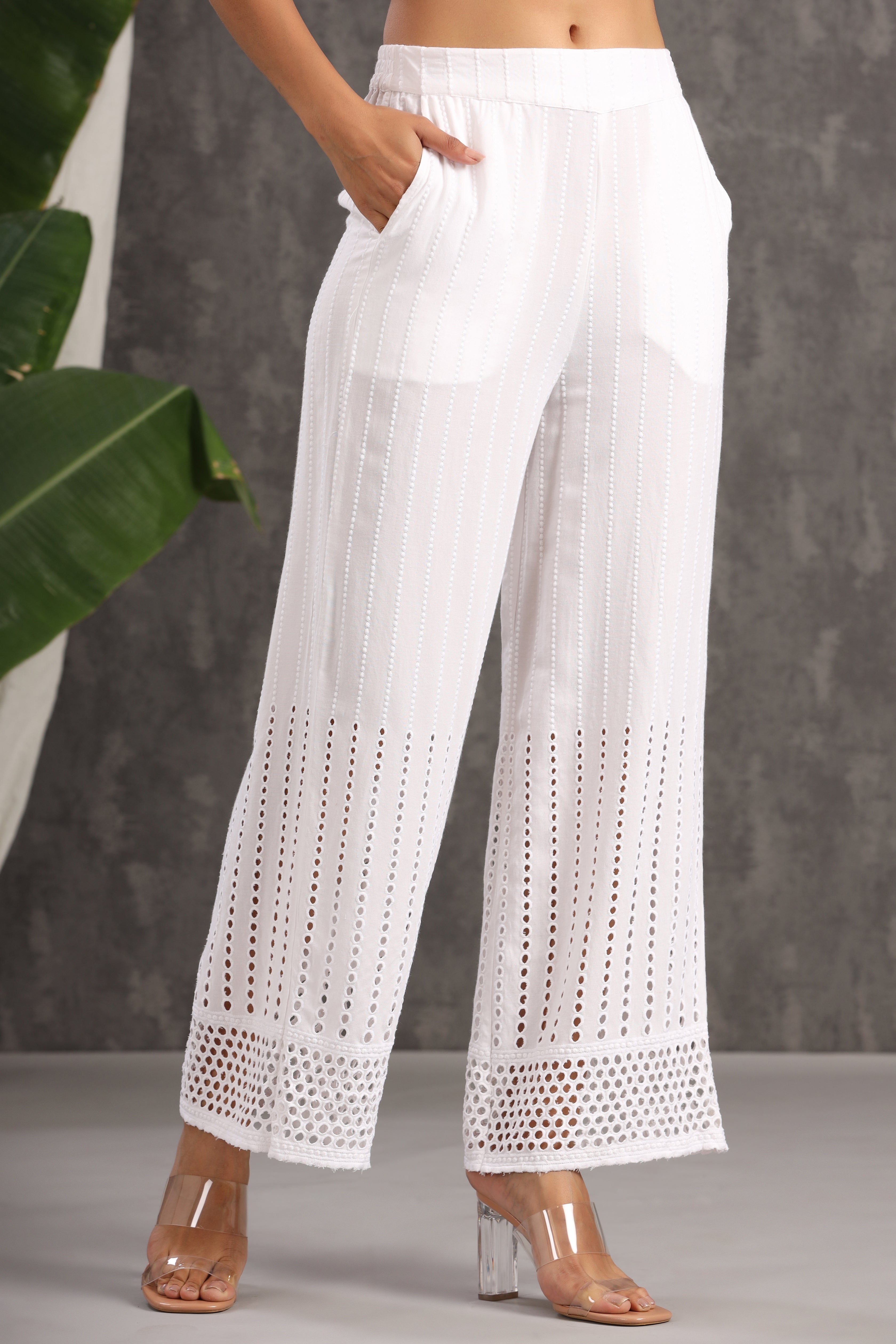 White Solid Rayon Flared Ankle-Length Palazzo | DesiQlo