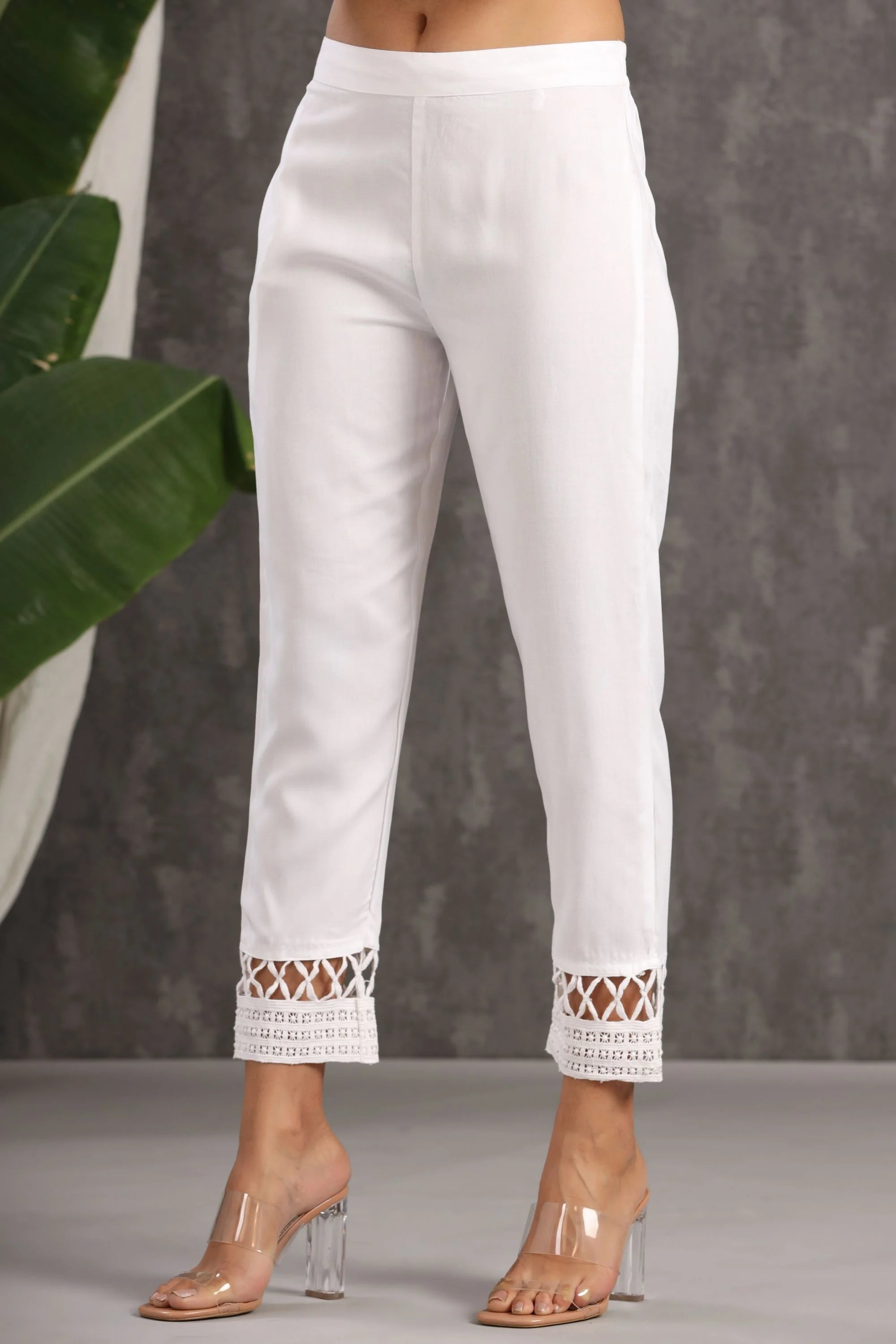 White Rayon Slim Fit Pants - Ankle Length Pencil Pants