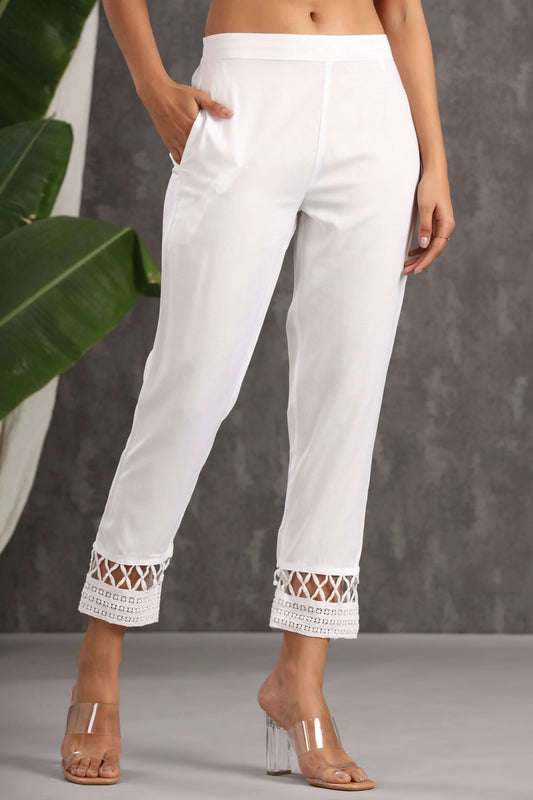 White Solid Rayon Ankle-Length Slim Fit Pants.-2877WHITE 2000