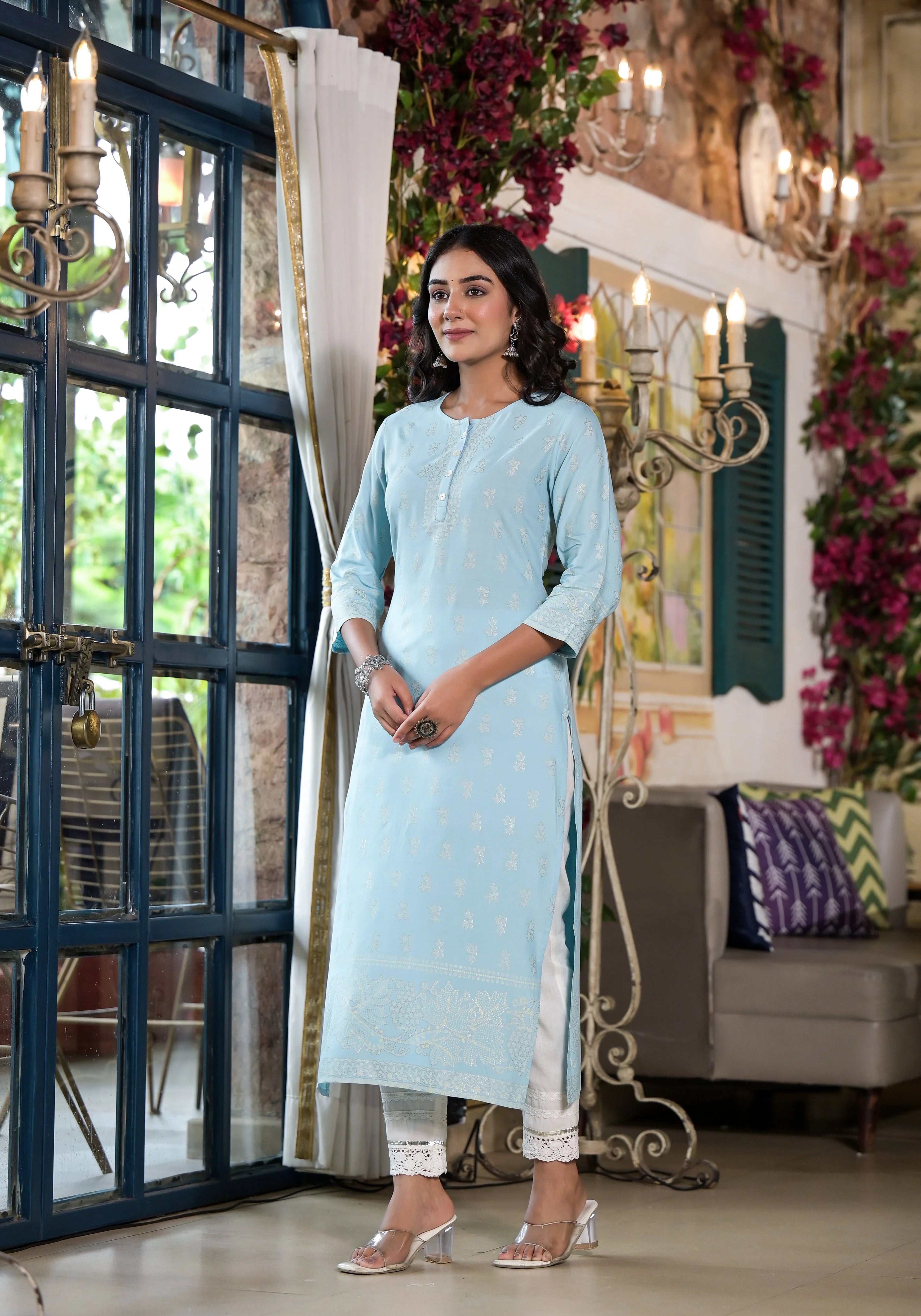 Powder Blue Ethnic Motif Indian Kurtis | Women's Kurtas