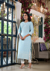 Powder Blue Ethnic Motif Printed Rayon Kurta With Buttons-2879POWDERBLUE
